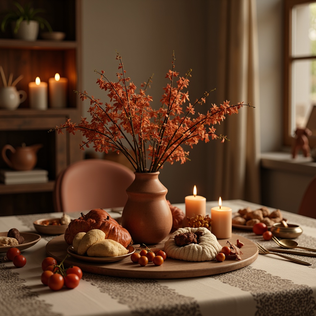 Prompt: Rich plum hue, warm beige accents, soft peach undertones, velvety dark brown textures, golden metallic highlights, creamy ivory backgrounds, natural linen fabrics, earthy terracotta pottery, blooming floral patterns, delicate lace details, warm candlelit ambiance, cozy autumn evening, shallow depth of field, 1/2 composition, realistic soft focus, ambient warm lighting.