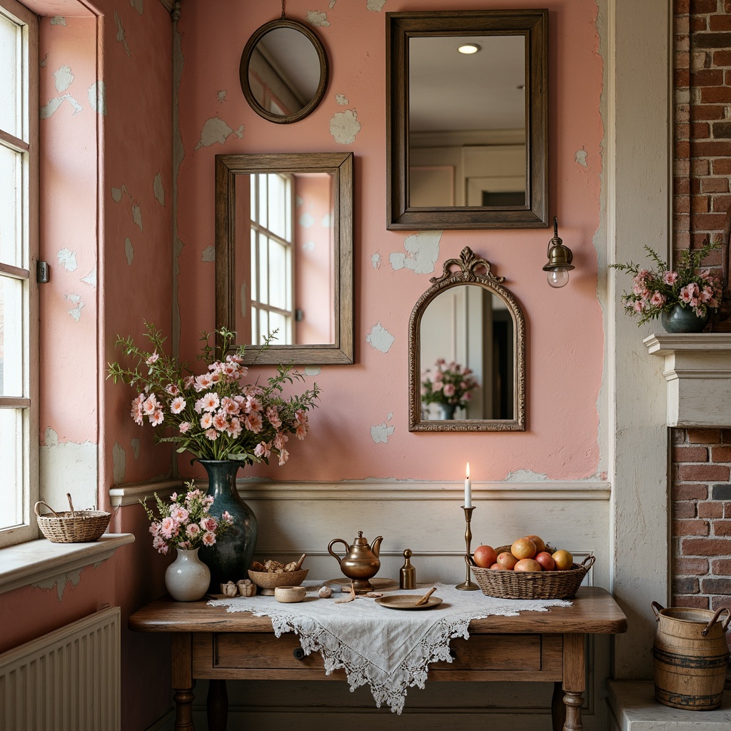 Prompt: Distressed walls, vintage florals, soft peach tones, worn wood accents, ornate mirrors, rustic metal frames, delicate lace patterns, creamy whites, weathered brick textures, aged stone walls, distressed finishes, warm candlelight, shallow depth of field, 1/1 composition, intimate atmosphere, realistic wear and tear, ambient occlusion.