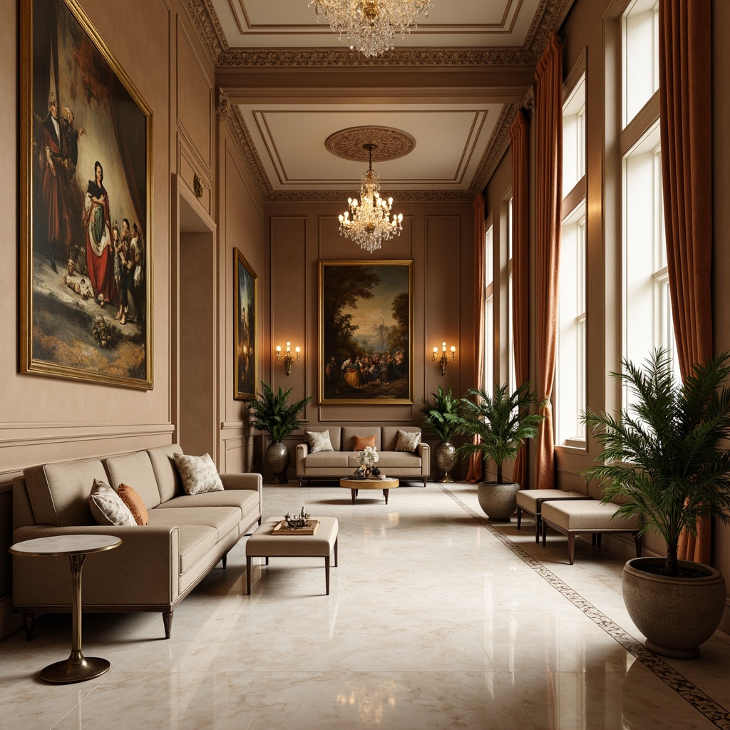 Prompt: Elegant neoclassical interior, rich wood tones, cream marble floors, ornate moldings, gilded accents, luxurious fabrics, velvet drapes, crystal chandeliers, subtle golden lighting, soft warm ambiance, Renaissance-inspired artwork, intricate patterns, classic furniture silhouettes, subtle color contrasts, muted earthy palette, beige walls, taupe furnishings, moss green accents, soft peach undertones, ornate ceiling details, sophisticated atmosphere, realistic textures, ambient occlusion.