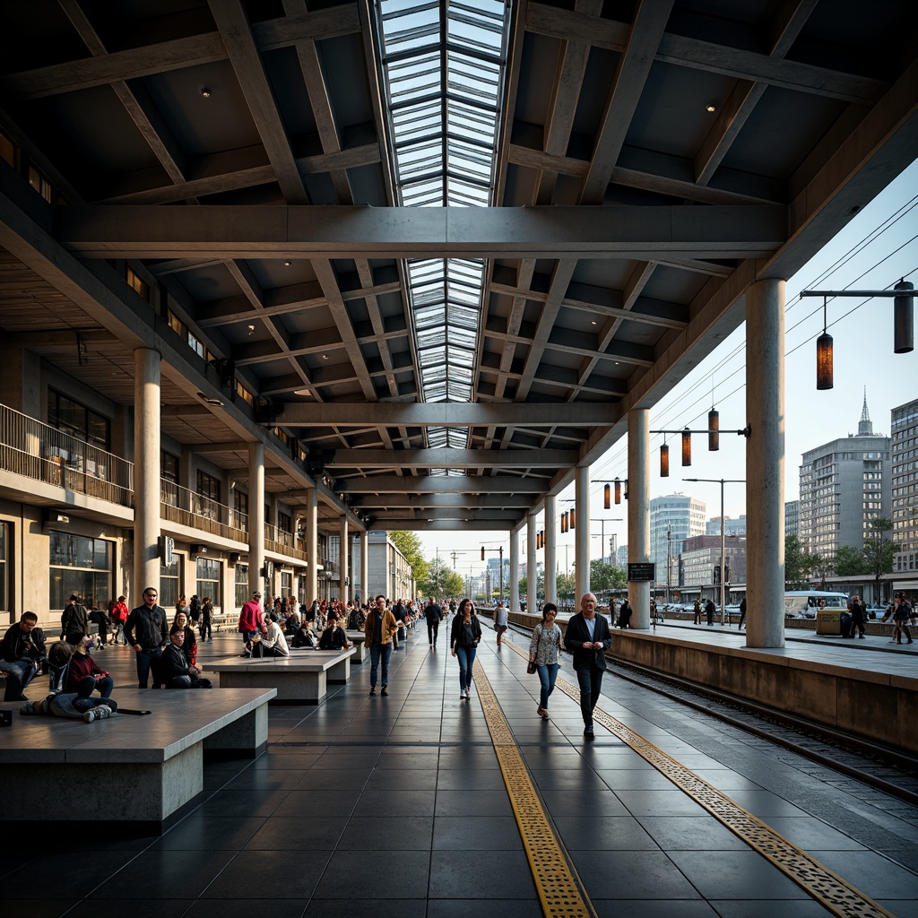 Prompt: Modern train station, sleek metal beams, industrial chic atmosphere, stylish lighting fixtures, suspended ceiling lamps, cylindrical pendant lights, futuristic LED strips, minimalist design, urban landscape, city skyline views, bustling crowds, morning rush hour, soft warm glow, shallow depth of field, 1/2 composition, realistic textures, ambient occlusion.