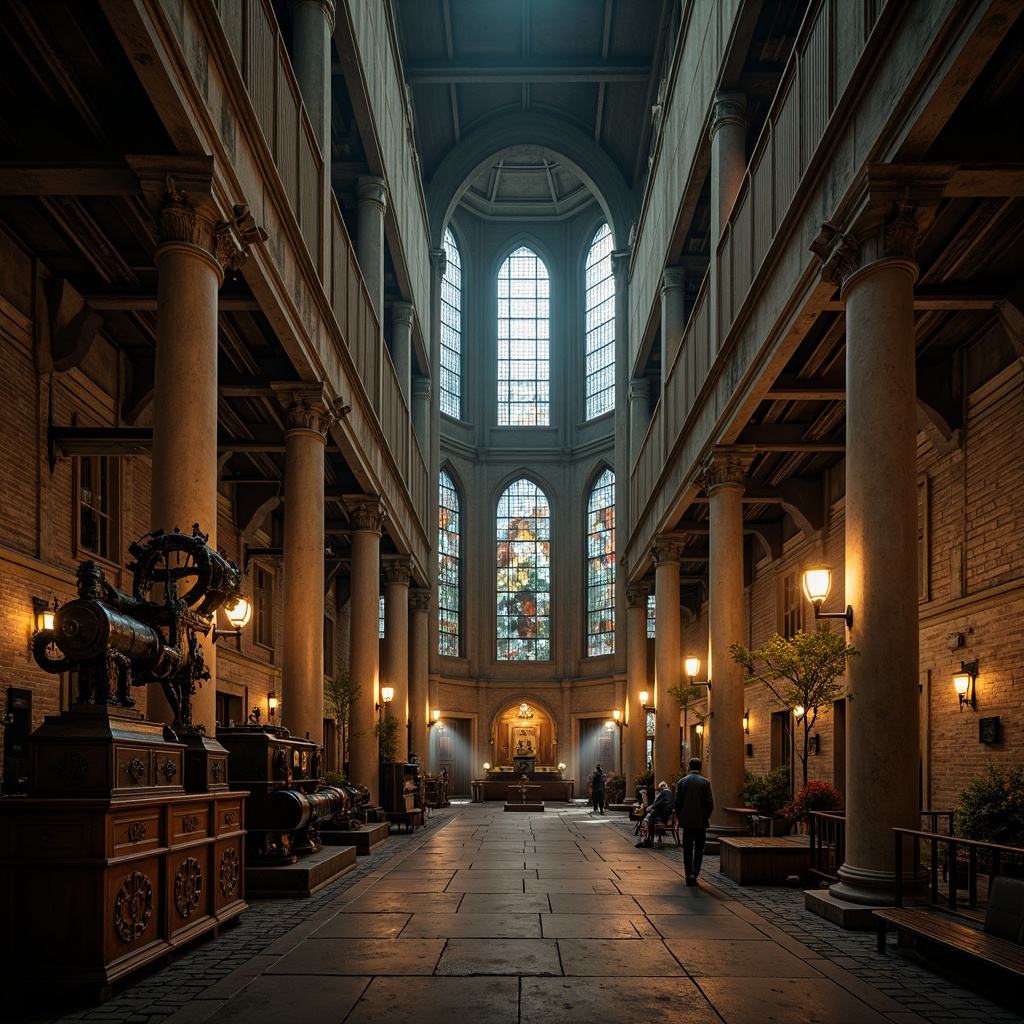 Prompt: \Gothic cathedral, industrial pipes, distressed metal accents, stone walls, stained glass windows, intricate carvings, ornate furnishings, vintage machinery, exposed brickwork, dimly lit atmosphere, warm golden lighting, mysterious shadows, foggy mist, cinematic composition, high contrast ratio, rich textures, ambient occlusion.\