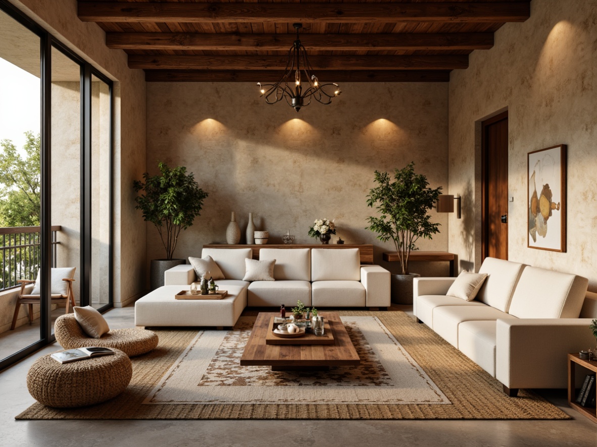 Prompt: Cozy great room, textured walls, warm earthy tones, natural stone accents, wooden beam ceiling, plush furniture, soft warm lighting, shallow depth of field, 3/4 composition, rustic-chic decor, woven baskets, vintage rugs, greenery arrangements, modern minimalism, ambient occlusion.