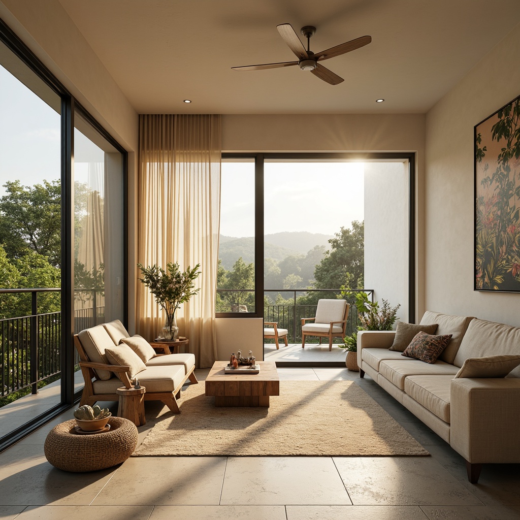 Prompt: Airy living room, large windows, sliding glass doors, natural stone floors, minimalist decor, cream-colored walls, greenery accents, pendant lighting, soft warm glow, morning sunlight, indirect illumination, layered curtains, sheer fabrics, reflective surfaces, subtle color palette, organic textures, cozy reading nook, comfortable seating area, nature-inspired artwork, warm beige tones, earthy scent, calming ambiance.