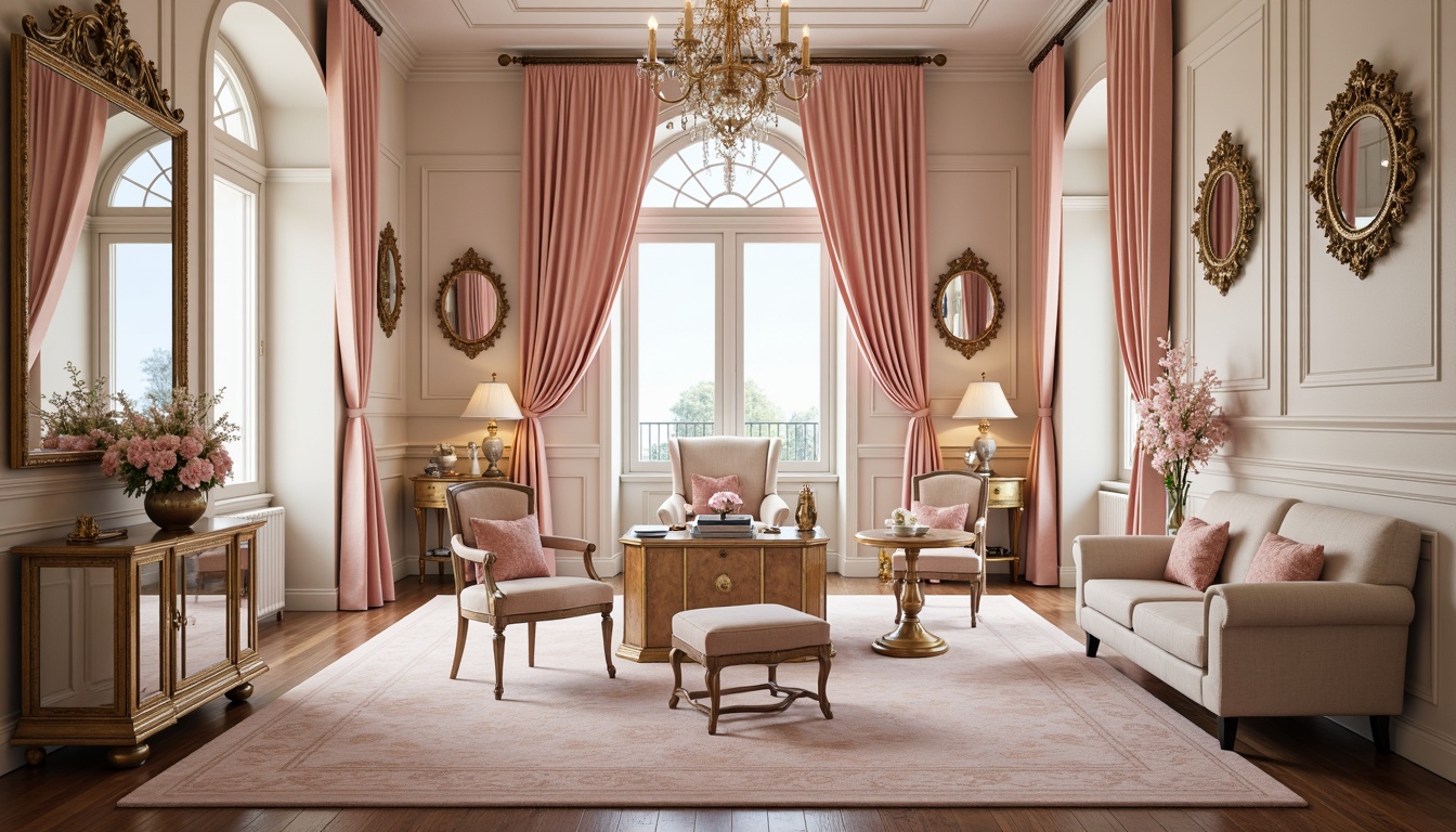 Prompt: Opulent home office, soft pastel colors, pale pink accents, creamy whites, rich golds, intricate carvings, ornate mirrors, velvet drapes, luxurious fabrics, antique furniture pieces, delicate florals, subtle sheen, warm candlelight, shallow depth of field, 1/2 composition, intimate atmosphere, realistic textures, ambient occlusion.