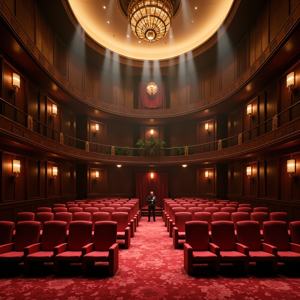 Prompt: Luxurious auditorium interior, rich velvety red carpet, dark wood paneling, warm golden lighting, plush crimson seating, ornate gold accents, sophisticated neutral tones, elegant curved lines, lavish drapery, grand chandelier, dramatic spotlighting, 1/2 composition, atmospheric misty effect, soft focus blur, realistic fabric textures.