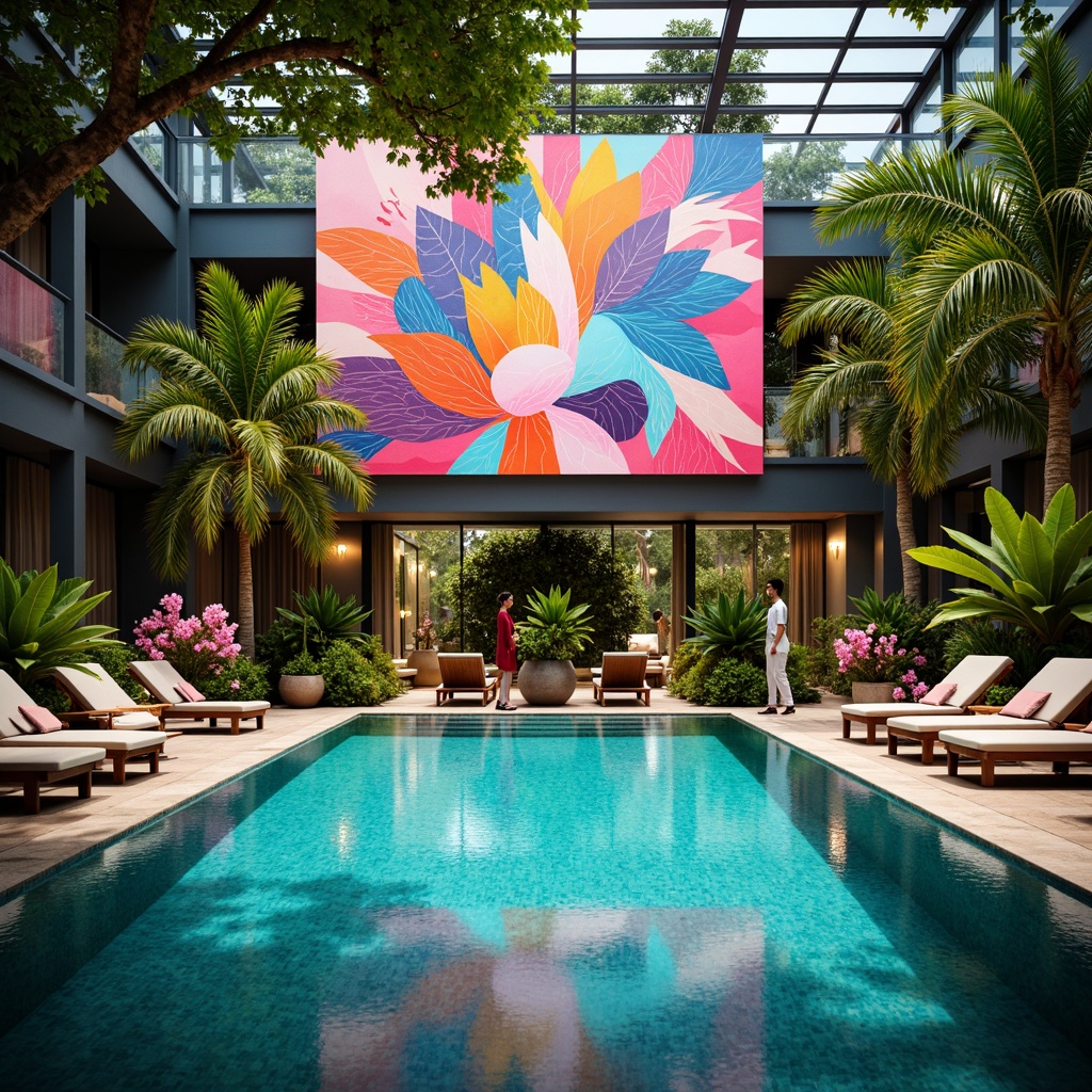 Prompt: Vibrant indoor swimming pool, expressionist artwork, tropical plants, palm trees, exotic flowers, colorful mosaic tiles, irregular shapes, abstract patterns, warm atmospheric lighting, soft focus, shallow depth of field, 1/2 composition, impressionist brushstrokes, textured surfaces, luxurious lounge chairs, modern sculptures, artistic decorations, playful water features, gentle ripples, refreshing ambiance.