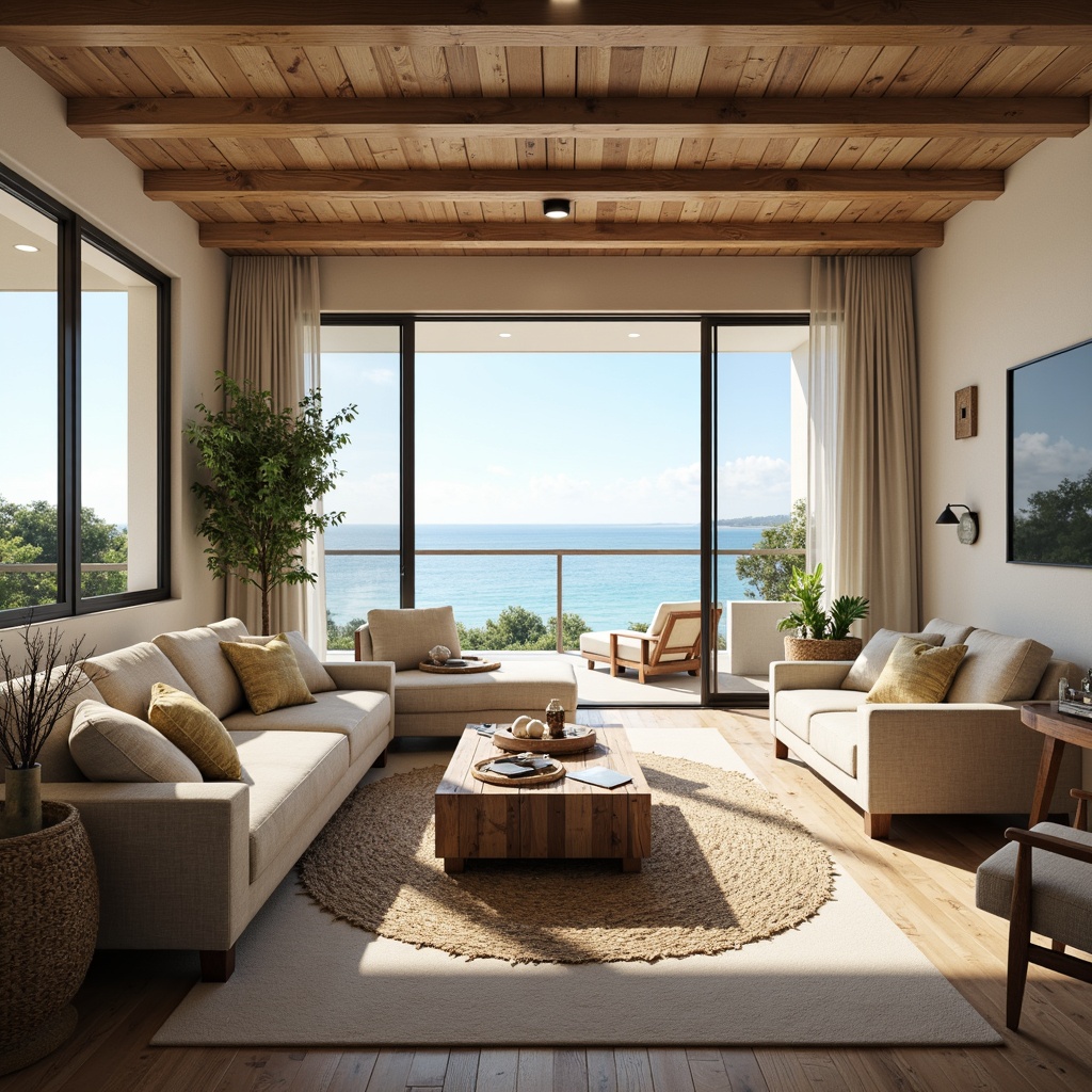 Prompt: Coastal living room, ocean-inspired color palette, natural textiles, woven sea grass patterns, driftwood accents, shell-shaped decorative elements, nautical rope details, calming atmosphere, soft warm lighting, shallow depth of field, 3/4 composition, panoramic view, realistic textures, ambient occlusion, comfortable plush furniture, beachy vibe, seaside views, floor-to-ceiling windows, sliding glass doors, organic shapes, natural materials, earthy tones.Please let me know if this meets your requirements!