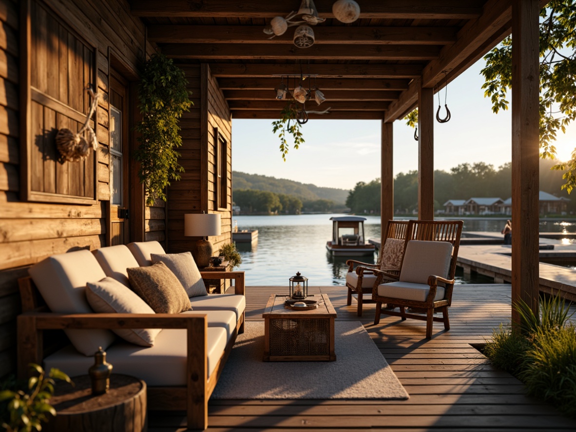 Prompt: Rustic boathouse, wooden docks, serene lake views, nautical decorations, vintage anchors, fishing nets, weathered wood accents, cozy cabin-style furniture, plush cushions, earthy color palette, natural textiles, woven wicker chairs, driftwood-inspired tables, lantern-style lighting, warm sunset ambiance, soft golden lighting, shallow depth of field, 1/1 composition, intimate atmosphere.