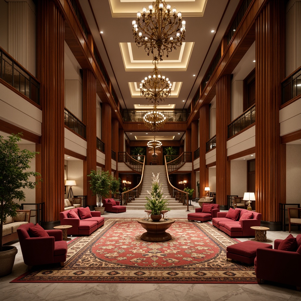 Prompt: Luxurious hotel lobby, rich wood paneling, ornate chandeliers, plush velvet furniture, intricately patterned rugs, golden accents, lavish drapery, elegant marble floors, grand staircase, opulent furnishings, warm ambient lighting, soft focus blur, shallow depth of field, 1/1 composition, realistic textures, warm color palette.