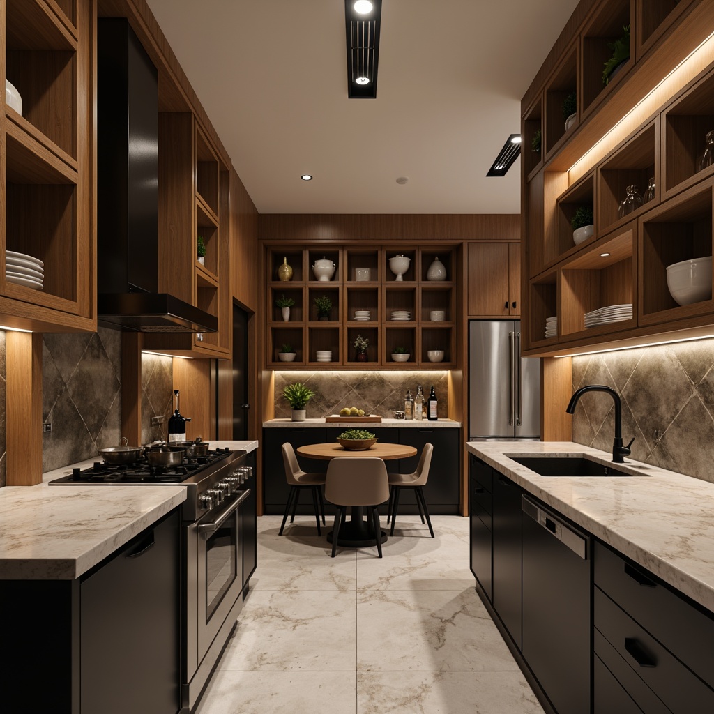 Prompt: Luxurious modern interior, high-end material finishes, sleek metallic accents, rich wood tones, polished marble countertops, matte black cabinets, soft-close drawers, ambient LED lighting, warm neutral color palette, 3/4 composition, shallow depth of field, realistic textures, subtle reflections.