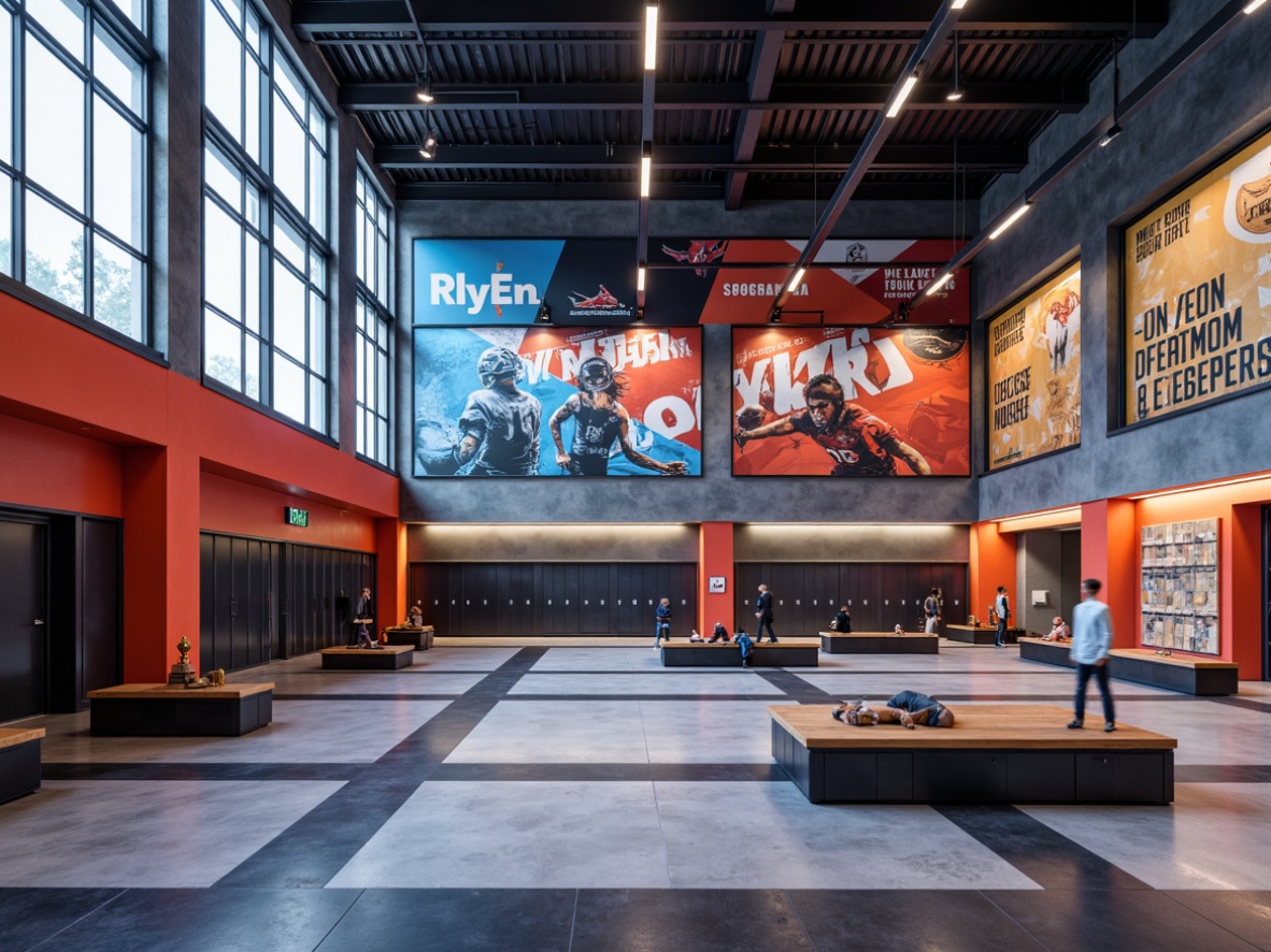 Prompt: Modern gymnasium interior, bold color scheme, dynamic LED lighting, sleek metallic accents, textured concrete walls, geometric patterned flooring, motivational quotes, sports-themed murals, polished wooden benches, industrial-chic lockers, minimalist trophy displays, large windows, natural daylight, shallow depth of field, 1/1 composition, realistic textures, ambient occlusion.