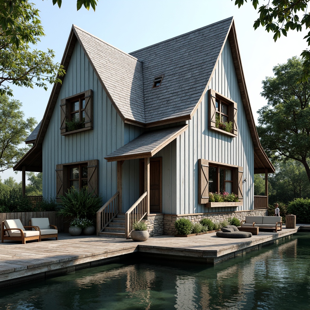 Prompt: Rustic boathouse, wooden dock, vintage nautical elements, distressed wood accents, soft blue-grey color palette, natural stone foundations, steeply pitched rooflines, curved dormer windows, ornate metalwork, decorative trims, rustic lanterns, weathered wooden shutters, lush greenery, overhanging eaves, serene waterfront views, calm lake reflections, warm sunny day, shallow depth of field, 1/2 composition, intimate focal length, realistic textures, ambient occlusion.