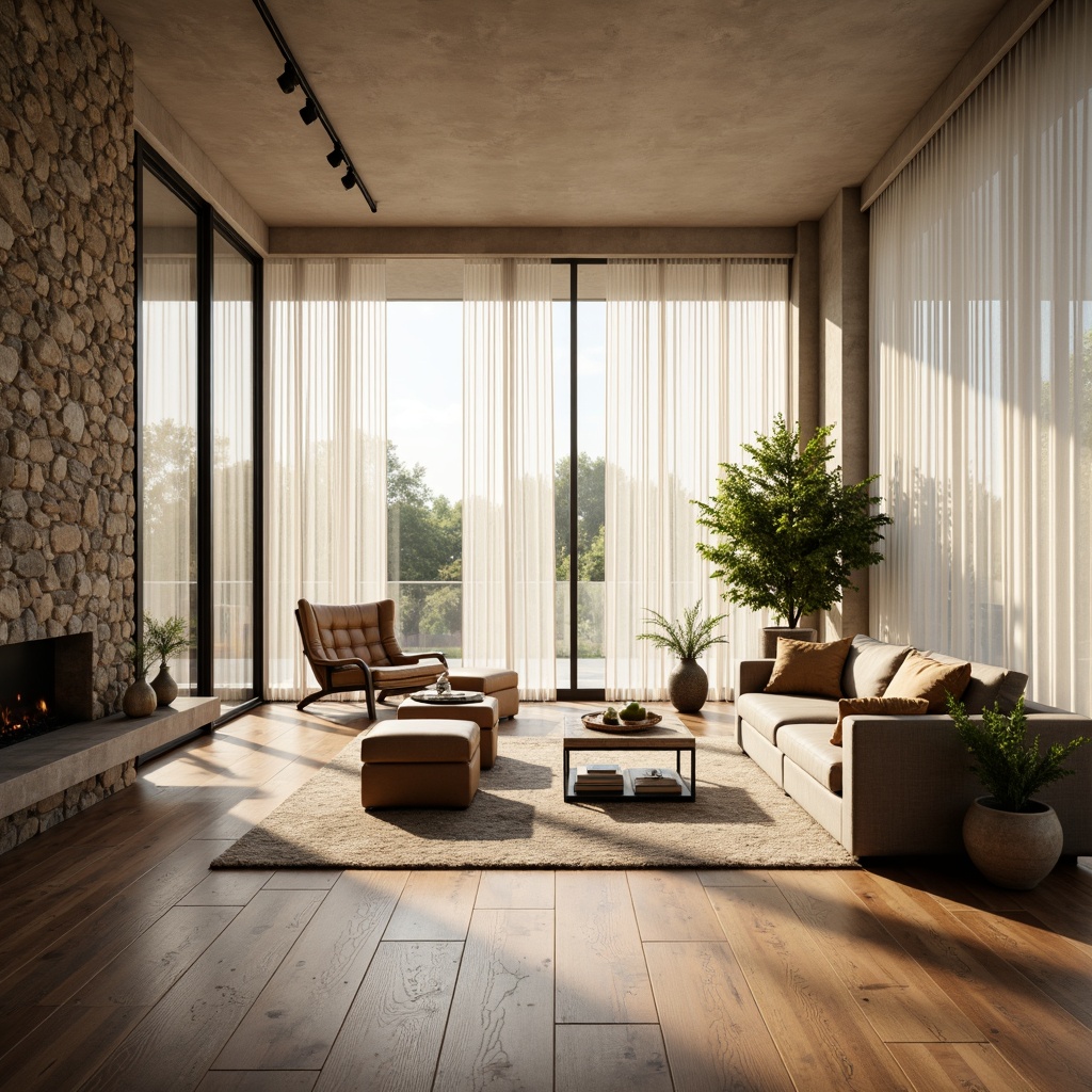 Prompt: Airy living room, floor-to-ceiling windows, sheer white curtains, polished wooden floors, minimalist decor, greenery accents, natural stone walls, earthy color palette, soft warm lighting, indirect sunlight, shallow depth of field, 1/1 composition, realistic textures, ambient occlusion, morning sunbeams, gentle shadows, cozy atmosphere.