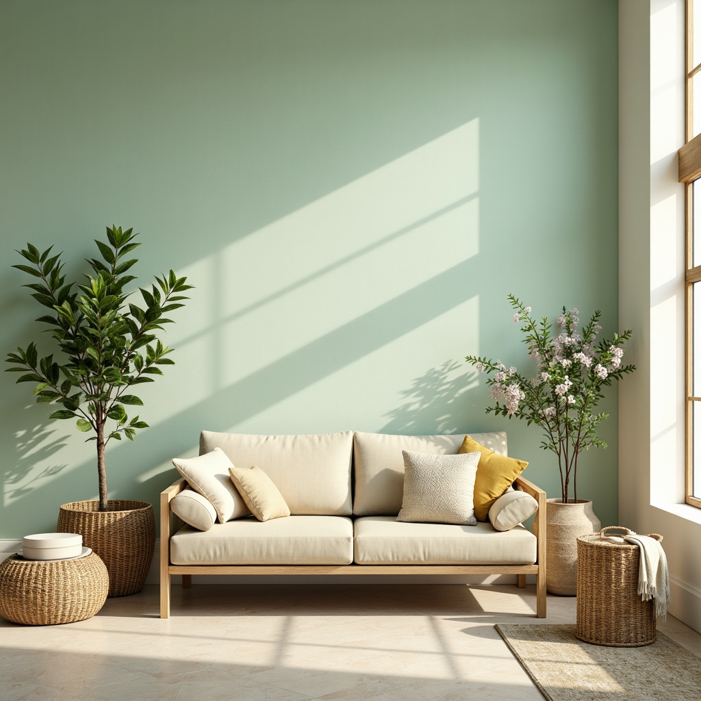 Prompt: Pastel mint walls, soft creamy accents, calming atmosphere, serene botanicals, lush greenery, delicate florals, gentle morning light, warm beige furniture, natural wood textures, woven rattan baskets, minimalist decor, soft focus, shallow depth of field, 1/1 composition, realistic reflections, ambient occlusion.