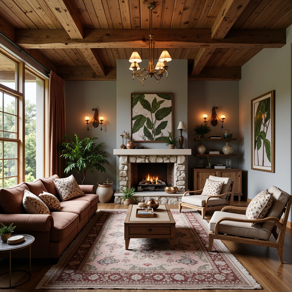 Prompt: Cozy living room, plush velvet sofas, oversized pillows, natural wood accents, stone-clad fireplace, elegant chandeliers, soft warm lighting, inviting atmosphere, eclectic decorative pieces, vintage rugs, woven baskets, distressed leather armchairs, metallic side tables, botanical prints, earthy color palette, organic textures, 1/1 composition, shallow depth of field, realistic rendering.