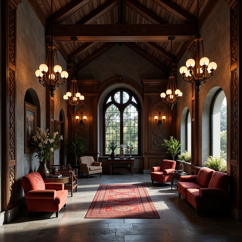 Prompt: Rustic monastery interior, dark wood furniture, ornate carvings, velvet upholstery, rich tapestries, grand chandeliers, stone flooring, arched windows, stained glass details, intricately carved wooden panels, soft warm lighting, subtle shading, 1/1 composition, realistic textures, ambient occlusion.