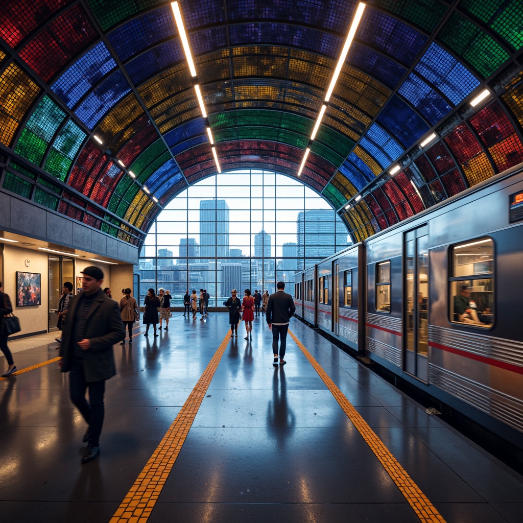 Prompt: Vibrant metro station, bustling city atmosphere, sleek modern architecture, curved lines, futuristic lighting systems, dynamic LED installations, color-changing ceiling lights, floor-to-ceiling windows, polished steel surfaces, urban landscape views, rush-hour crowds, warm white lighting, soft shadows, 1/1 composition, shallow depth of field, realistic reflections, ambient occlusion.