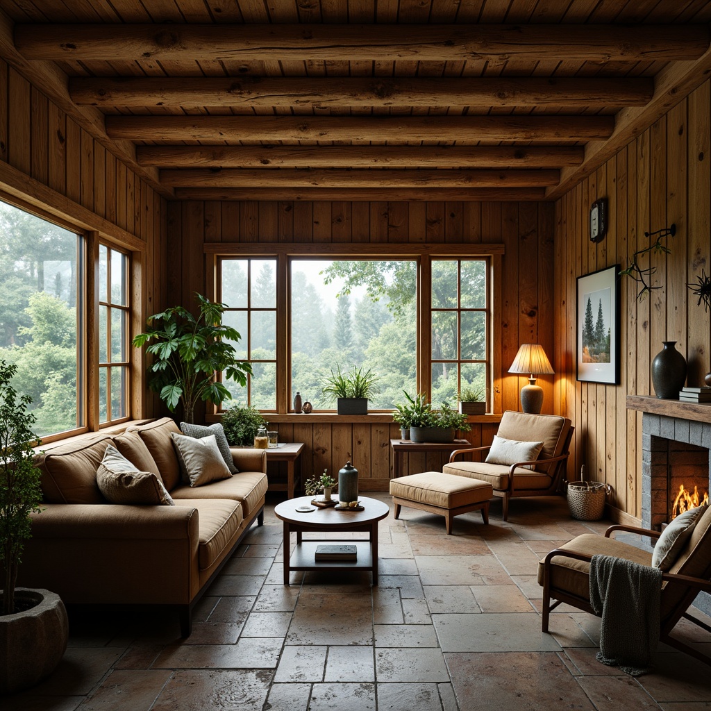 Prompt: Cozy cabin, reclaimed wood walls, vintage metal decorations, earthy color palette, natural stone flooring, wooden beam ceiling, comfortable plush furniture, soft warm lighting, lush greenery, forest surroundings, misty morning atmosphere, shallow depth of field, 1/1 composition, realistic textures, ambient occlusion.