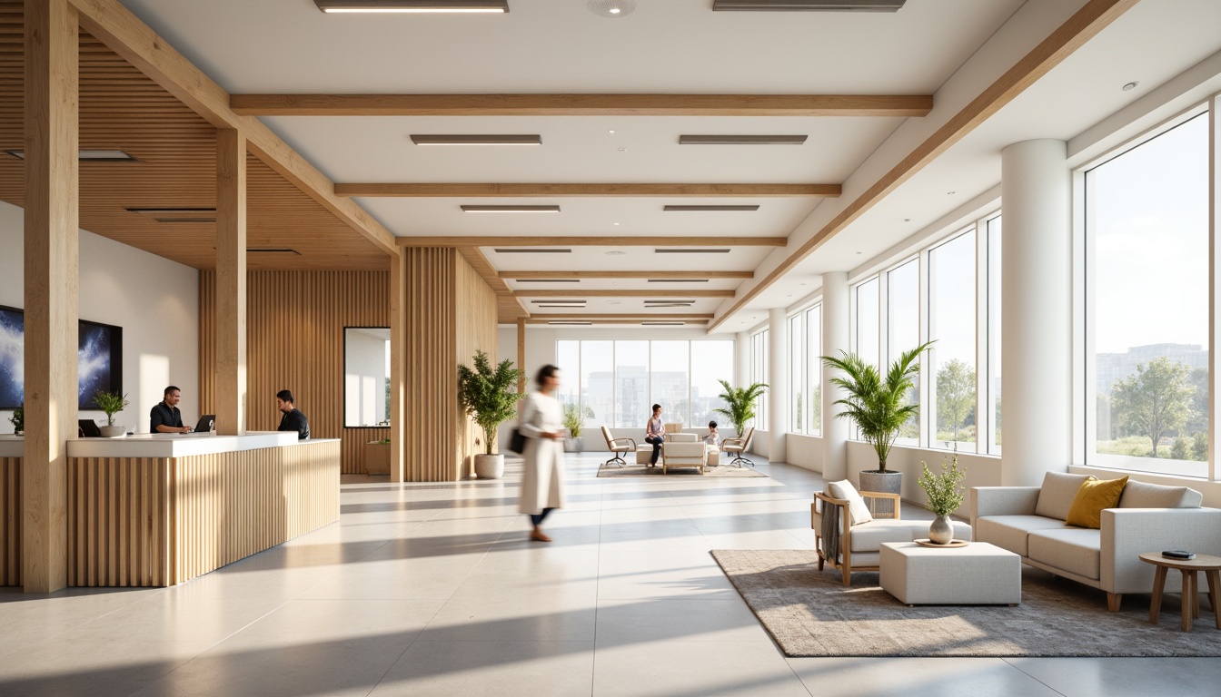 Prompt: Modern corporate office, open-concept workspace, minimalist decor, calming color scheme, soft pastel hues, creamy whites, rich wood accents, natural textiles, ergonomic furniture, floor-to-ceiling windows, abundant natural light, subtle gradient effects, 1/1 composition, realistic reflections, ambient occlusion.