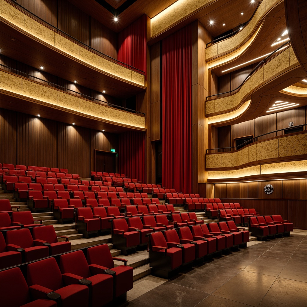 Prompt: Elegant opera house, mid-century modern style, curved lines, warm wooden accents, plush red velvet seats, ornate golden balconies, dramatic stage lighting, richly textured curtains, acoustic panels, sound-absorbing materials, diffused natural light, 1/2 composition, warm color palette, soft focus, subtle gradient maps, realistic reflections.