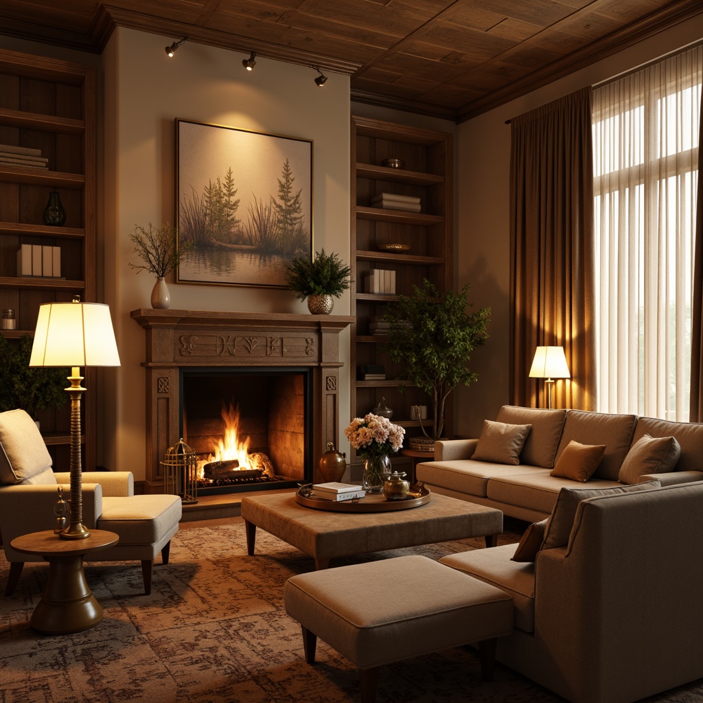 Prompt: Cozy living room, warm earthy tones, soft velvety textures, plush furnishings, golden table lamps, floor-to-ceiling curtains, sheer drapes, rustic wooden accents, warm beige walls, crackling fireplace, dimmable overhead lighting, pendant lights, warm white LED bulbs, subtle shadows, soft focus, 1/1 composition, intimate atmosphere, realistic renderings.