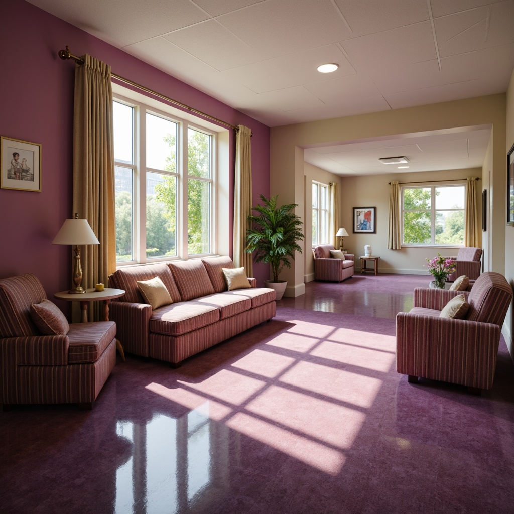 Prompt: Calming rehabilitation center, plum accent walls, soft mauve flooring, rich burgundy furniture, warm beige curtains, natural wood accents, large windows, abundant sunlight, serene atmosphere, gentle lighting, cozy reading nooks, comfortable seating areas, soothing artwork, peaceful waiting rooms, wheelchair-accessible ramps, modern medical equipment, subtle gradient effects, shallow depth of field, 1/1 composition, realistic textures, ambient occlusion.