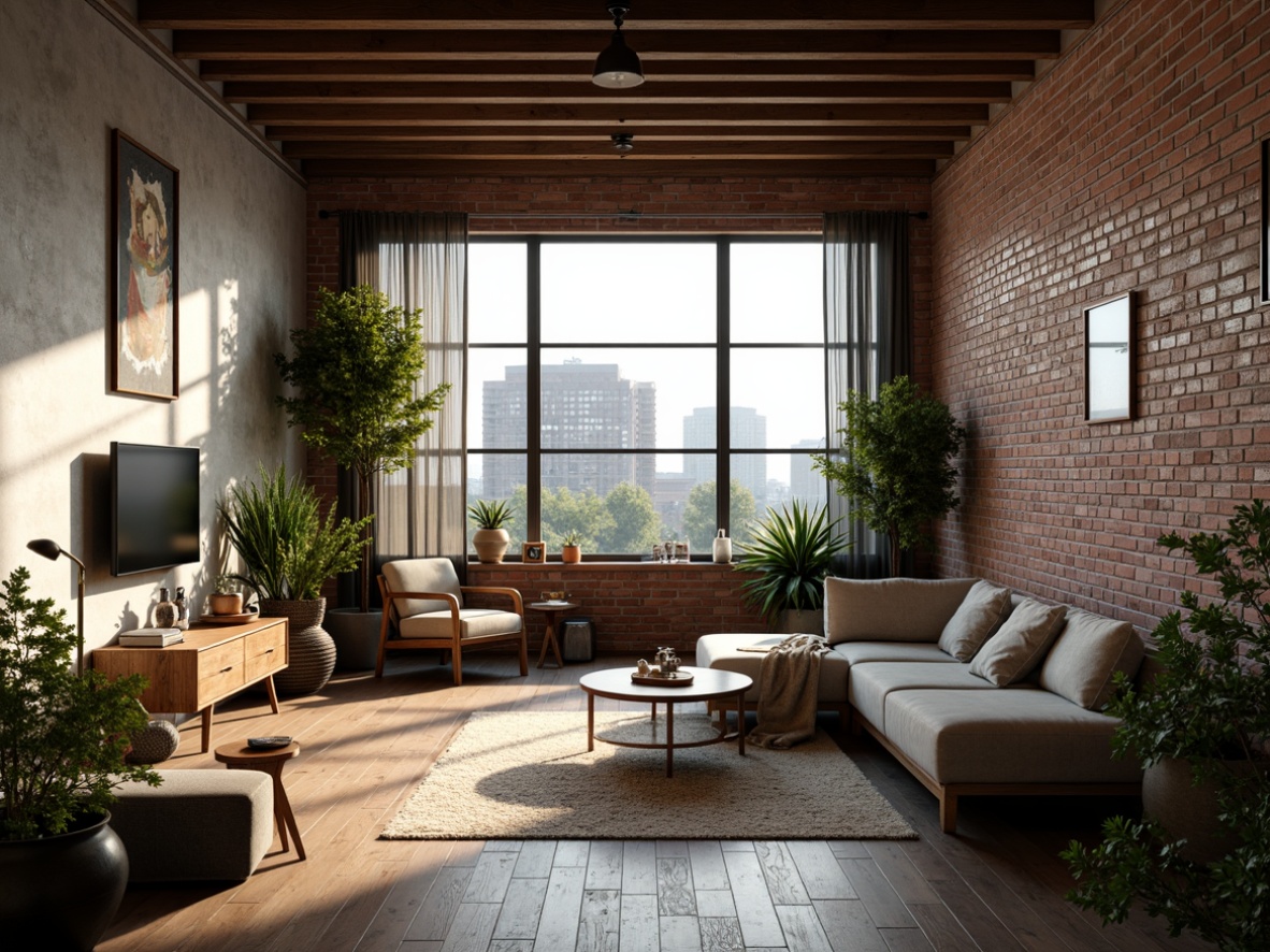 Prompt: Rustic modern interior, textured walls, exposed brick, natural stone accents, earthy tones, cozy atmosphere, warm lighting, wooden floorboards, minimalist furniture, greenery decorations, industrial-chic decor, distressed wood textures, urban loft ambiance, large windows, cityscape views, dramatic shadows, low-key lighting, 1/1 composition, cinematic mood.