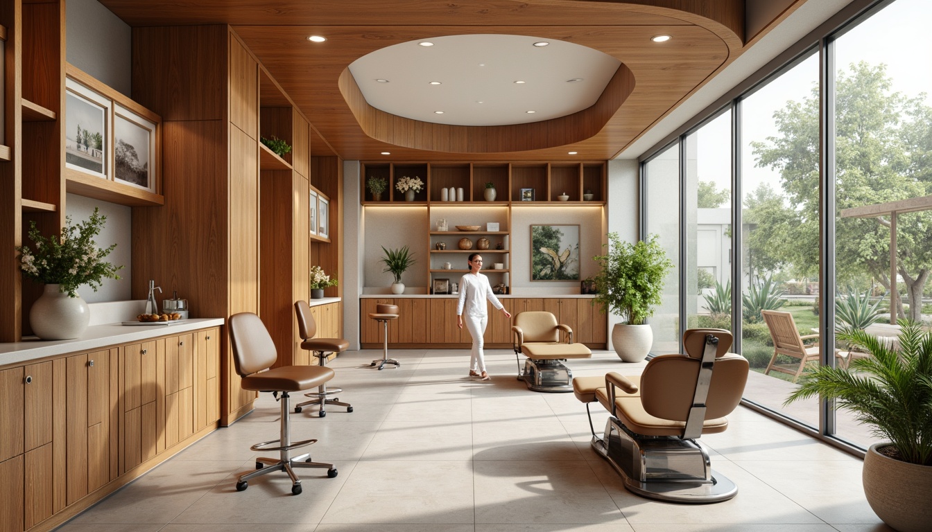 Prompt: Mid-century modern dental clinic, sleek minimalist decor, warm wooden accents, retro-inspired dental chairs, curved lines, organic shapes, pastel color palette, geometric patterns, luxurious leather upholstery, polished metal fixtures, adjustable ergonomic stools, built-in cabinetry, sliding glass doors, natural stone flooring, abundant greenery, soft diffused lighting, 1/1 composition, shallow depth of field, realistic textures, ambient occlusion.