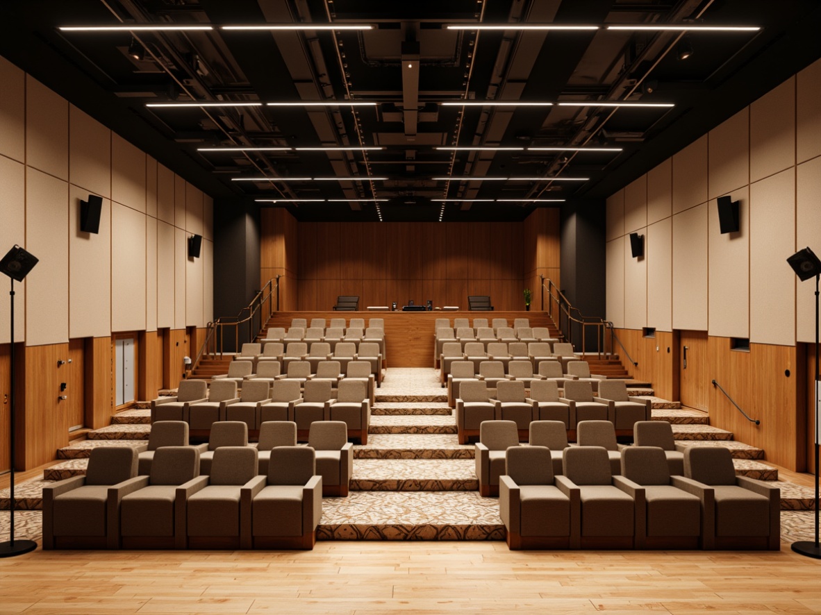 Prompt: Elegant auditorium interior, wooden stage flooring, tiered seating, curved rows of chairs, sound-absorbing acoustic panels, geometric patterned carpets, warm beige walls, recessed LED lighting, modern minimalist chandeliers, sleek metallic railings, comfortable upholstered seats, polished wood accents, subtle aroma diffusers, natural ventilation systems, soft indirect lighting, 1/1 composition, realistic textures, ambient occlusion.