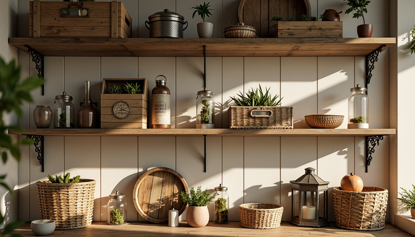 Prompt: Distressed wooden shelves, vintage metal brackets, rustic grocery crates, woven wicker baskets, ornate decorative corbels, soft pastel colors, distressed finishes, elegant glass jars, antique-inspired labels, ornate metal lanterns, warm golden lighting, shallow depth of field, 1/2 composition, realistic textures, ambient occlusion.