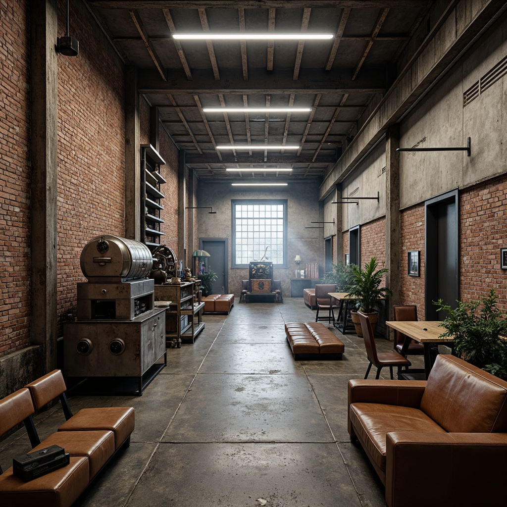 Prompt: Rustic industrial warehouse, exposed brick walls, metal beams, reclaimed wood accents, vintage machinery, distressed textures, urban cityscape, gritty concrete floors, metallic color palette, functional decor, minimal lighting, cinematic shadows, 1/1 composition, dramatic contrast, atmospheric mist, worn leather furniture, retro-futuristic vibe, eclectic art pieces, raw industrial materials, mechanical details, utilitarian aesthetic.