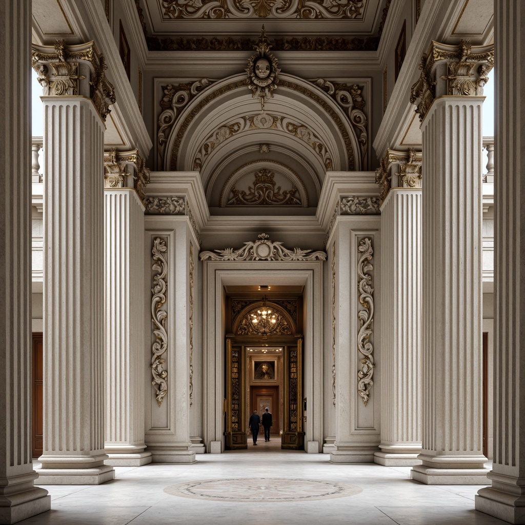 Prompt: Ornate neoclassical facade, intricately molded columns, ornamental architraves, grandiose entranceways, symmetrical composition, limestone walls, marble floors, gilded details, refined stucco textures, subtle chiaroscuro lighting, 1/1 perspective, shallow depth of field, realistic renderings, ambient occlusion.