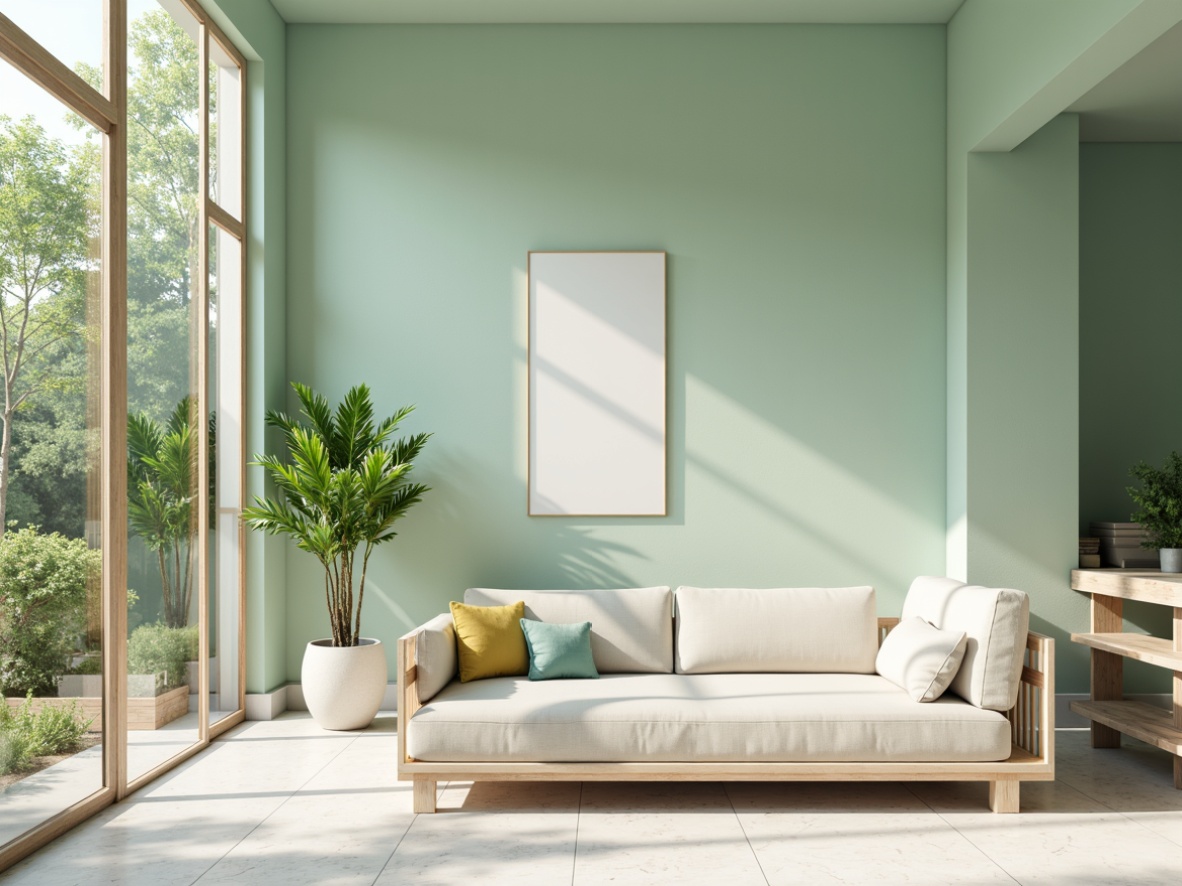 Prompt: Pastel mint walls, soft creamy accents, calming ambiance, refreshing atmosphere, lush greenery, natural light pouring in, large windows, sliding glass doors, sleek minimalist furniture, pale wood textures, cool gray tones, creamy white marble, subtle geometric patterns, ambient warm lighting, shallow depth of field, 1/1 composition, realistic materials, serene mood.