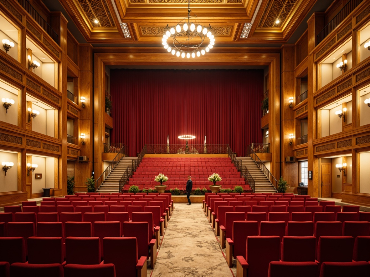 Prompt: Richly ornamented opera house, mid-century modern style, warm golden lighting, plush red velvet seats, intricate wooden paneling, ornate chandeliers, acoustic soundproofing materials, thick heavy curtains, sound-absorbing wall panels, diffusers, bass traps, wood grain textures, elegant balconies, grand staircases, sophisticated foyer, high ceilings, natural stone flooring, warm beige walls, subtle patterned carpets, soft focus lighting, shallow depth of field, 1/2 composition, realistic reflections, ambient occlusion.