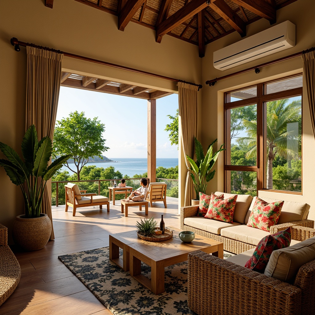 Prompt: Tropical interior, warm beige walls, rich wood accents, lush greenery, vibrant floral patterns, rattan furniture, woven textiles, natural fibers, earthy tones, soft diffused lighting, large windows, sliding glass doors, ocean views, sunny day, warm gentle breeze, 1/1 composition, shallow depth of field, realistic textures, ambient occlusion.