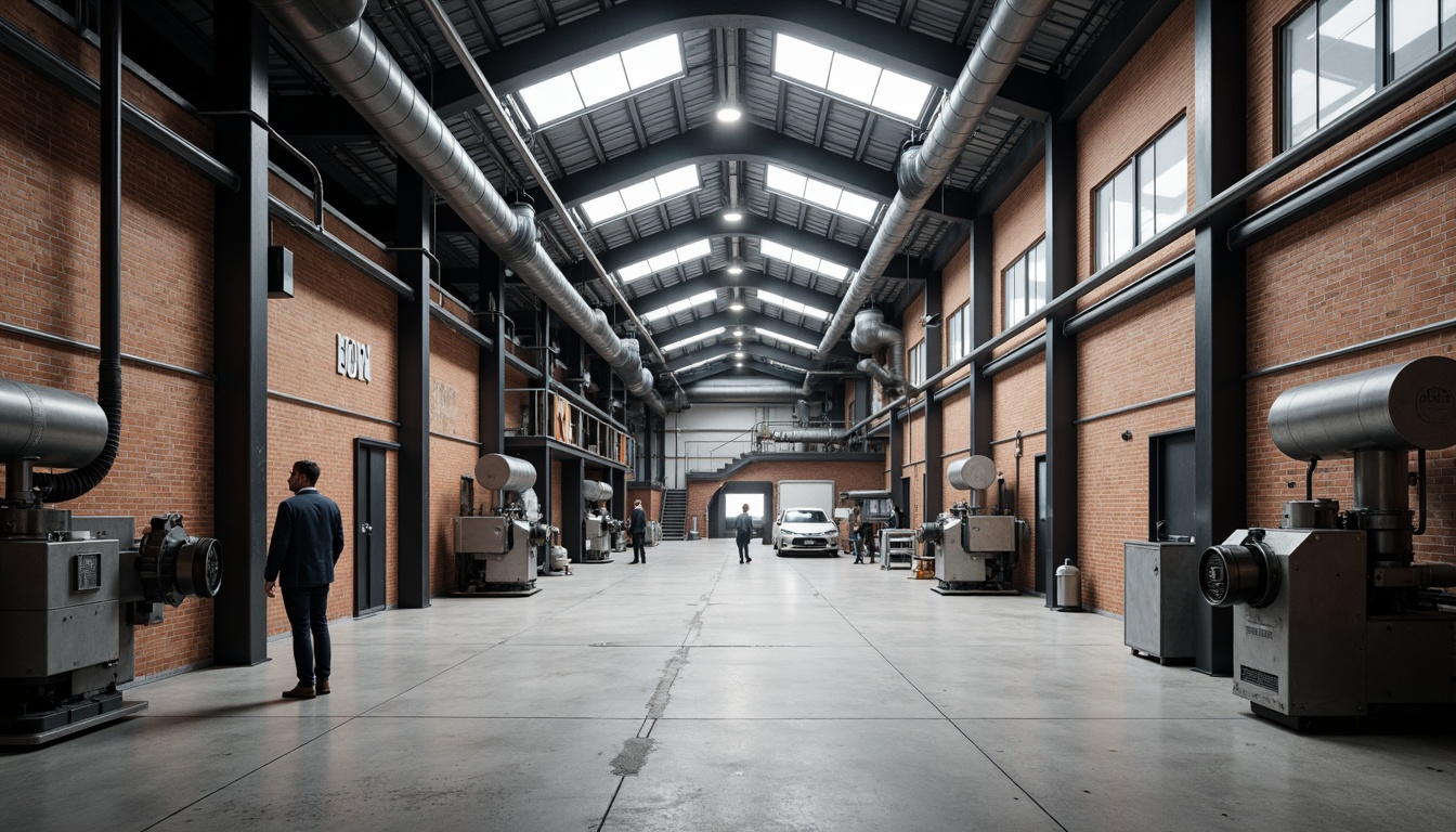 Prompt: Industrial factory setting, minimalist aesthetic, neutral color palette, exposed brick walls, metal beams, concrete floors, sleek machinery, functional pipes, industrial lighting fixtures, urban atmosphere, overcast day, soft diffused light, shallow depth of field, 1/1 composition, realistic textures, ambient occlusion.