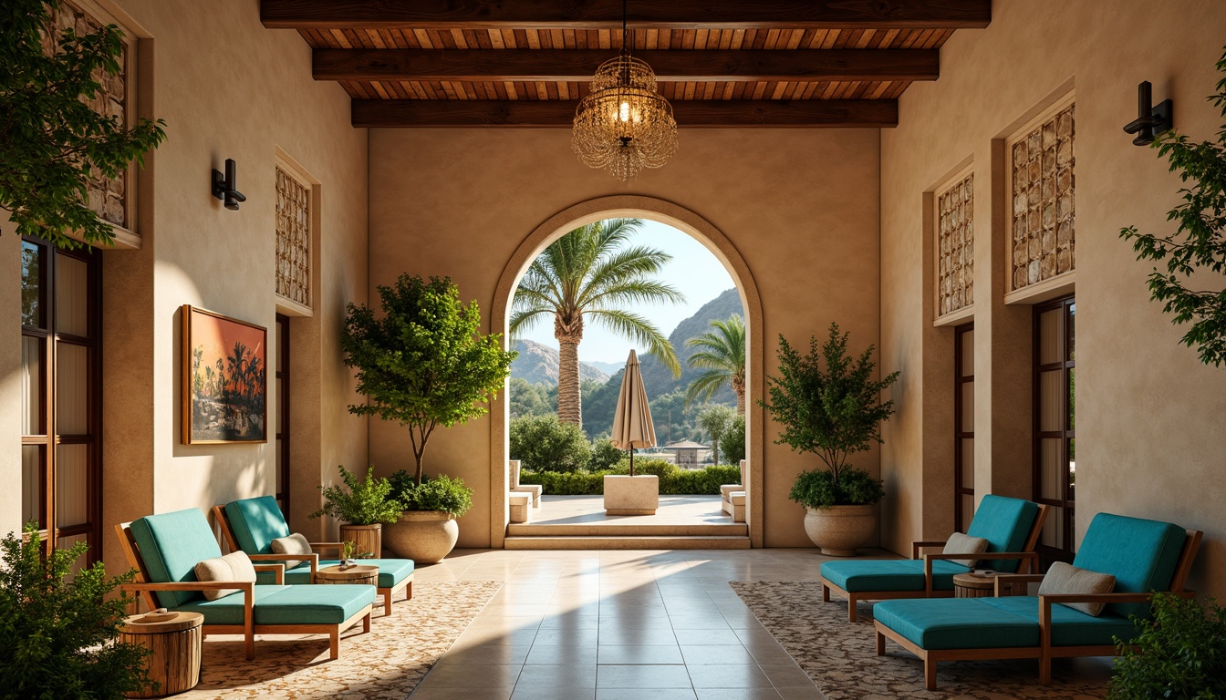 Prompt: Grand Mediterranean villa, high ceiling, arched doorway, ornate columns, rustic stone walls, wooden beam accents, elegant chandeliers, plush furniture, vibrant turquoise accents, patterned tiles, warm beige stucco, lush greenery, natural light pouring in, soft warm glow, shallow depth of field, 1/1 composition, realistic textures, ambient occlusion.