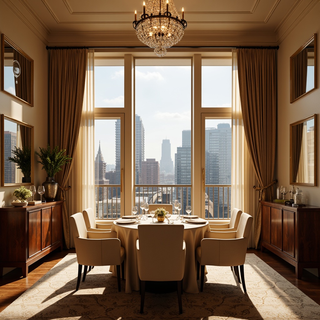 Prompt: Elegant dining room, warm beige walls, rich walnut furniture, soft cream accents, luxurious velvet drapes, crystal chandelier, formal table setting, fine china, sparkling wine glasses, intimate candlelight, dramatic floor-to-ceiling windows, urban cityscape view, afternoon sunlight, shallow depth of field, 1/2 composition, realistic textures, ambient occlusion.