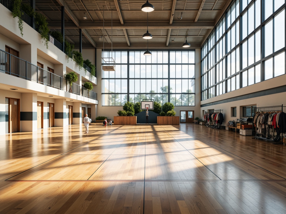 Prompt: Polished wooden floors, basketball court markings, athletic track lanes, sports equipment storage, modern academic architecture, natural light pouring in, high ceilings, steel beams, minimalist design, sustainable materials, eco-friendly coatings, vibrant school colors, dynamic lighting, shallow depth of field, 3/4 composition, realistic textures, ambient occlusion.