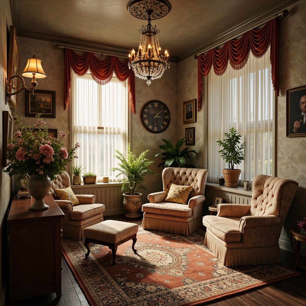 Prompt: Soft warm glow, ornate metal fixtures, crystal chandeliers, distressed wood accents, velvet drapes, lace trim, pastel hues, floral patterns, vintage furniture, antique accessories, luxurious textiles, softbox lighting, warm white tone, subtle shading, 1/1 composition, intimate atmosphere, cozy nooks, rustic charm.