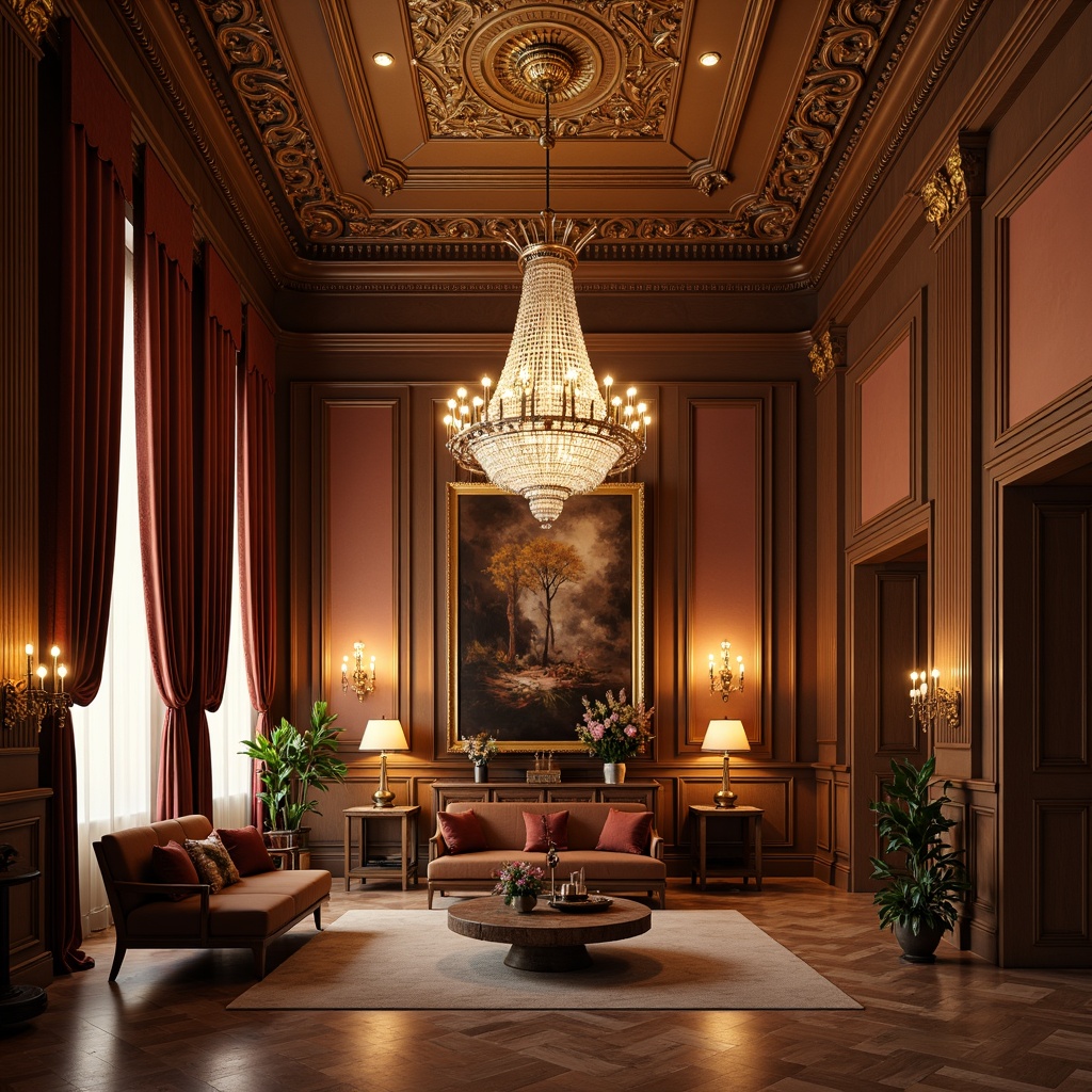 Prompt: Elegant chandelier, warm soft glow, ornate metalwork, crystal droplets, rich velvet drapes, luxurious furnishings, intricate carvings, polished marble floors, high ceilings, ornamental moldings, subtle warm colors, gentle indirect lighting, table lamps, floor lamps, sconces, wall washes, accent lighting, dramatic ceiling fixtures, opulent fabrics, refined wood tones, sophisticated color palette, classic architectural details, stately atmosphere, serene ambiance.