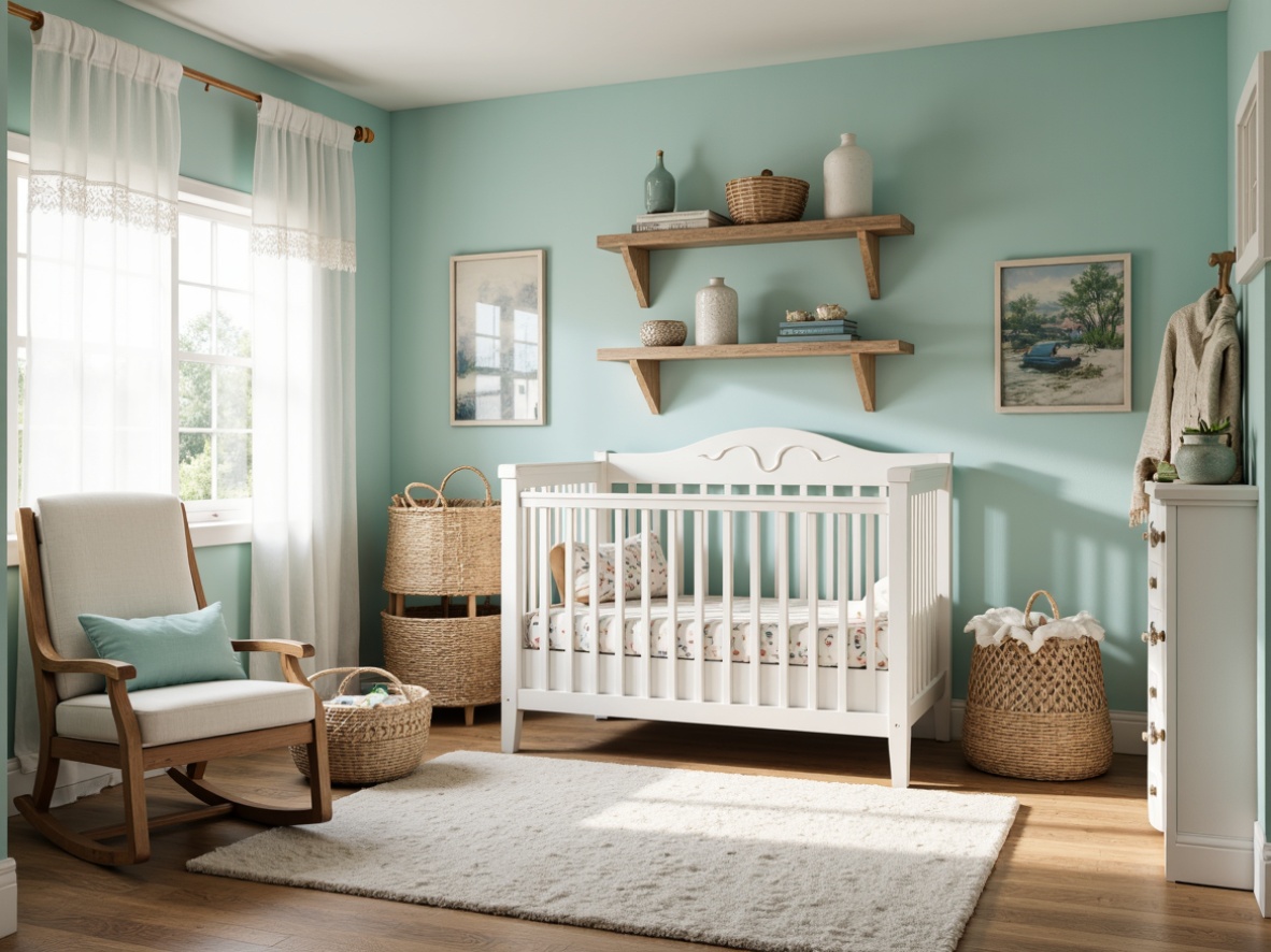 Prompt: Soft coastal hues, driftwood furniture, natural woven baskets, plush area rug, white crib with ocean-inspired carvings, gentle wave-patterned bedding, sea-glass vases, distressed wood shelving, calming aqua walls, sheer curtains with seashell trim, wicker rocking chair, nautical-themed wall art, subtle coral accents, warm beachy lighting, shallow depth of field, 1/1 composition, cozy intimate atmosphere, realistic textures, ambient occlusion.