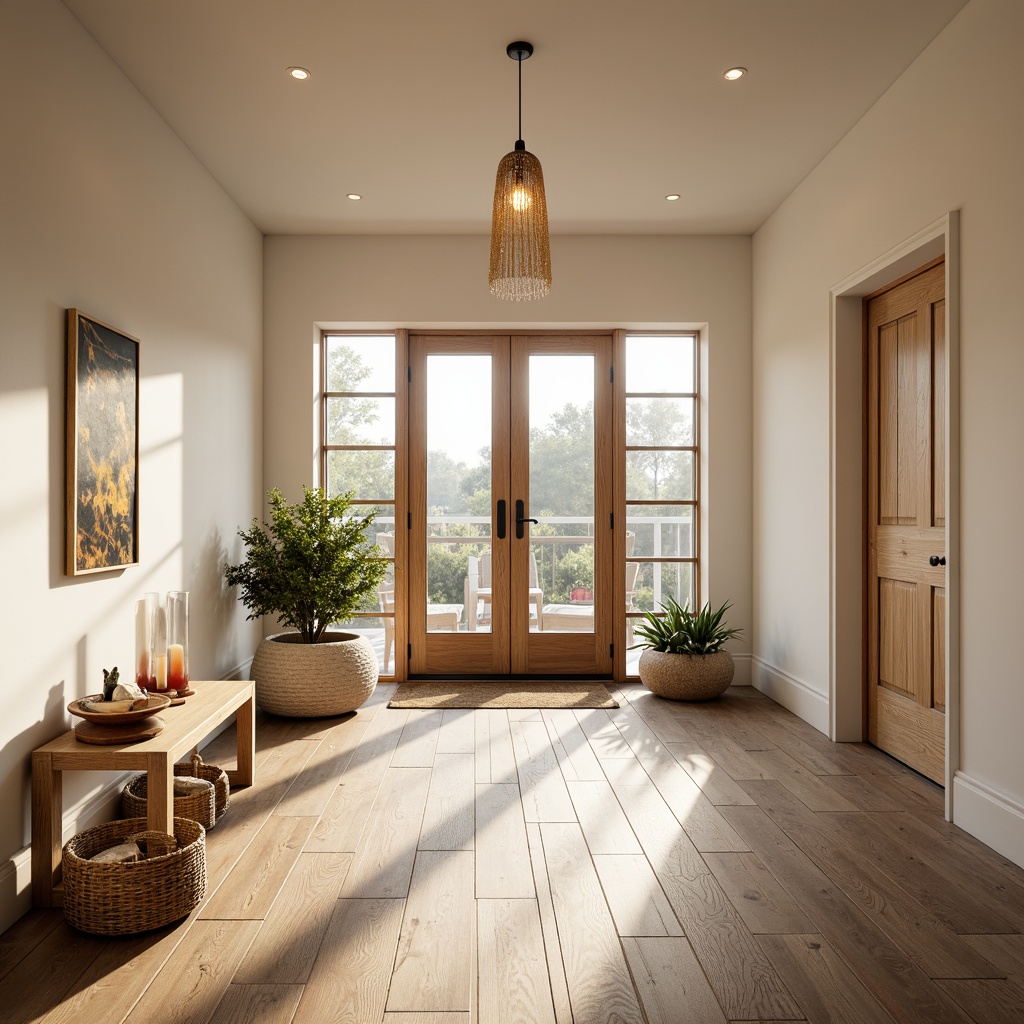 Prompt: Bright Nordic entrance, warm wooden flooring, soft cream-colored walls, elegant minimalist decor, large windows, natural daylight, cozy pendant lamps, candles on console tables, woven baskets, greenery plants, rustic wooden doors, metallic door handles, soft warm lighting, shallow depth of field, 1/2 composition, realistic textures, ambient occlusion.