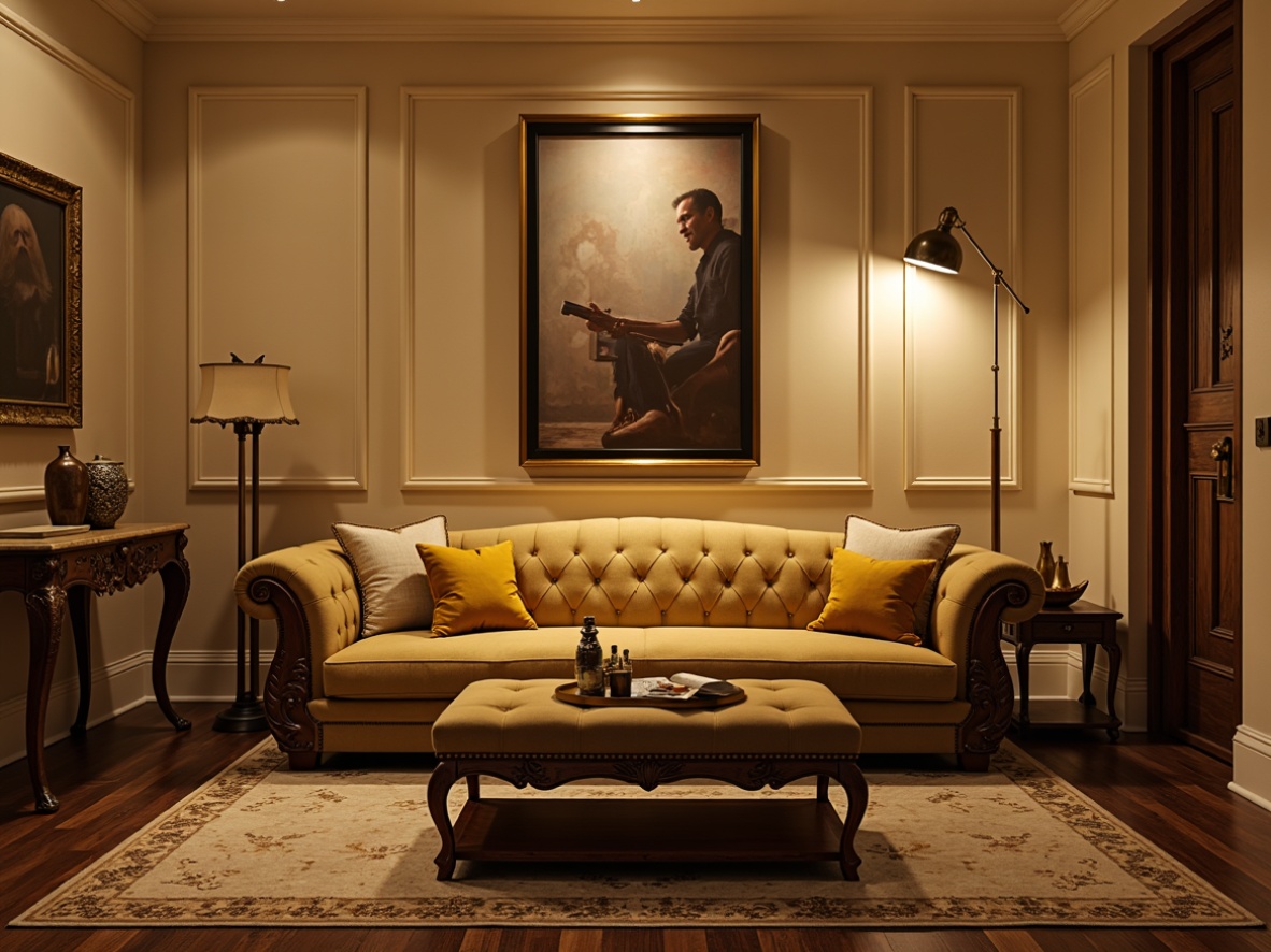 Prompt: Luxurious velvet sofa, plush cushions, curved wooden legs, ornate carvings, soft golden lighting, warm beige walls, rich walnut flooring, elegant tufted ottoman, sophisticated console table, refined metal accents, subtle patterned rugs, tranquil ambiance, inviting atmosphere, shallow depth of field, 2/3 composition, warm color palette, realistic textures.