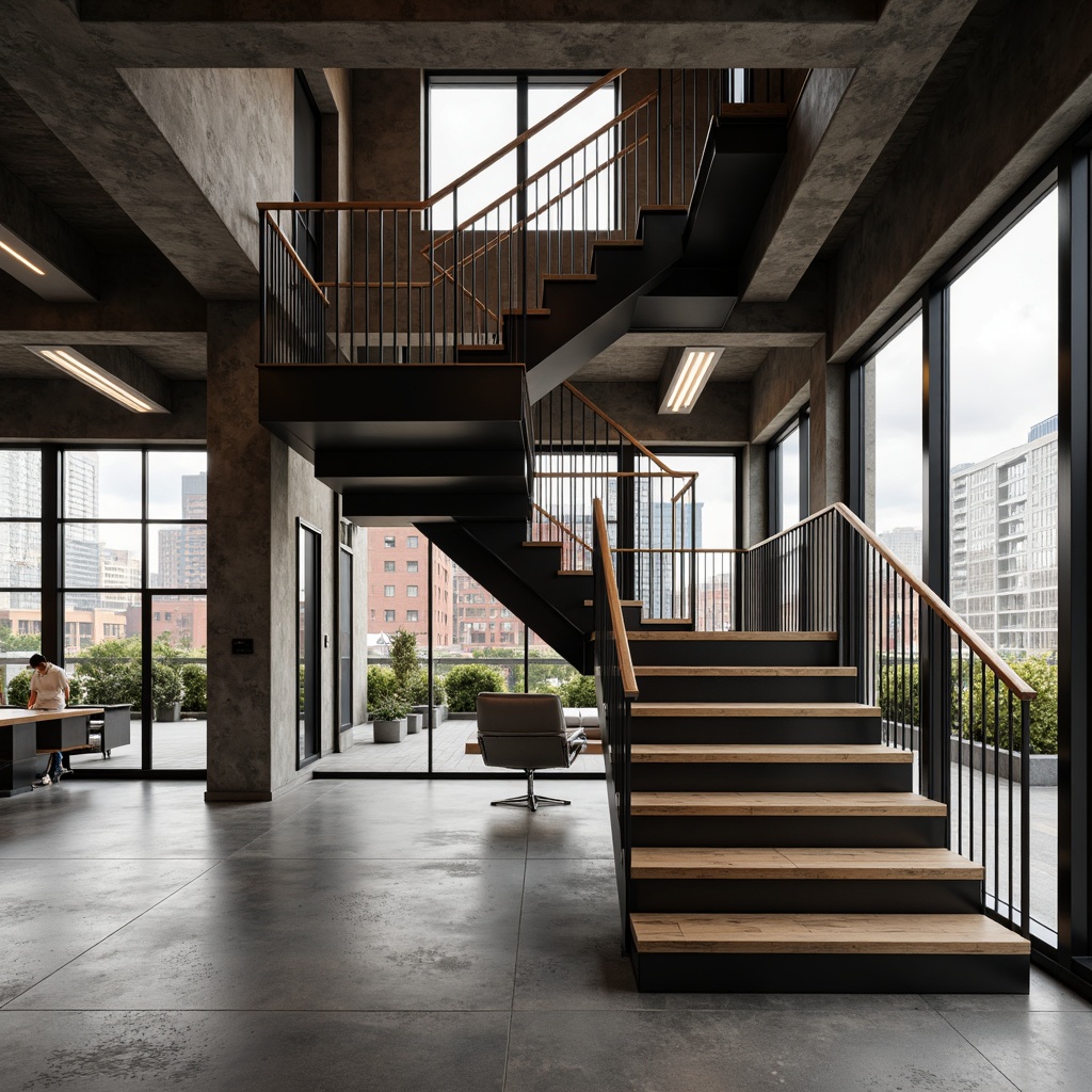 Prompt: Industrial metal staircase, sleek steel handrails, minimalist wooden treads, polished concrete floors, exposed ductwork ceilings, urban industrial background, warm white lighting, shallow depth of field, 1/1 composition, realistic metallic textures, ambient occlusion, modern industrial aesthetic, functional design, safety railings, stainless steel accents, matte black finishes, structural simplicity.