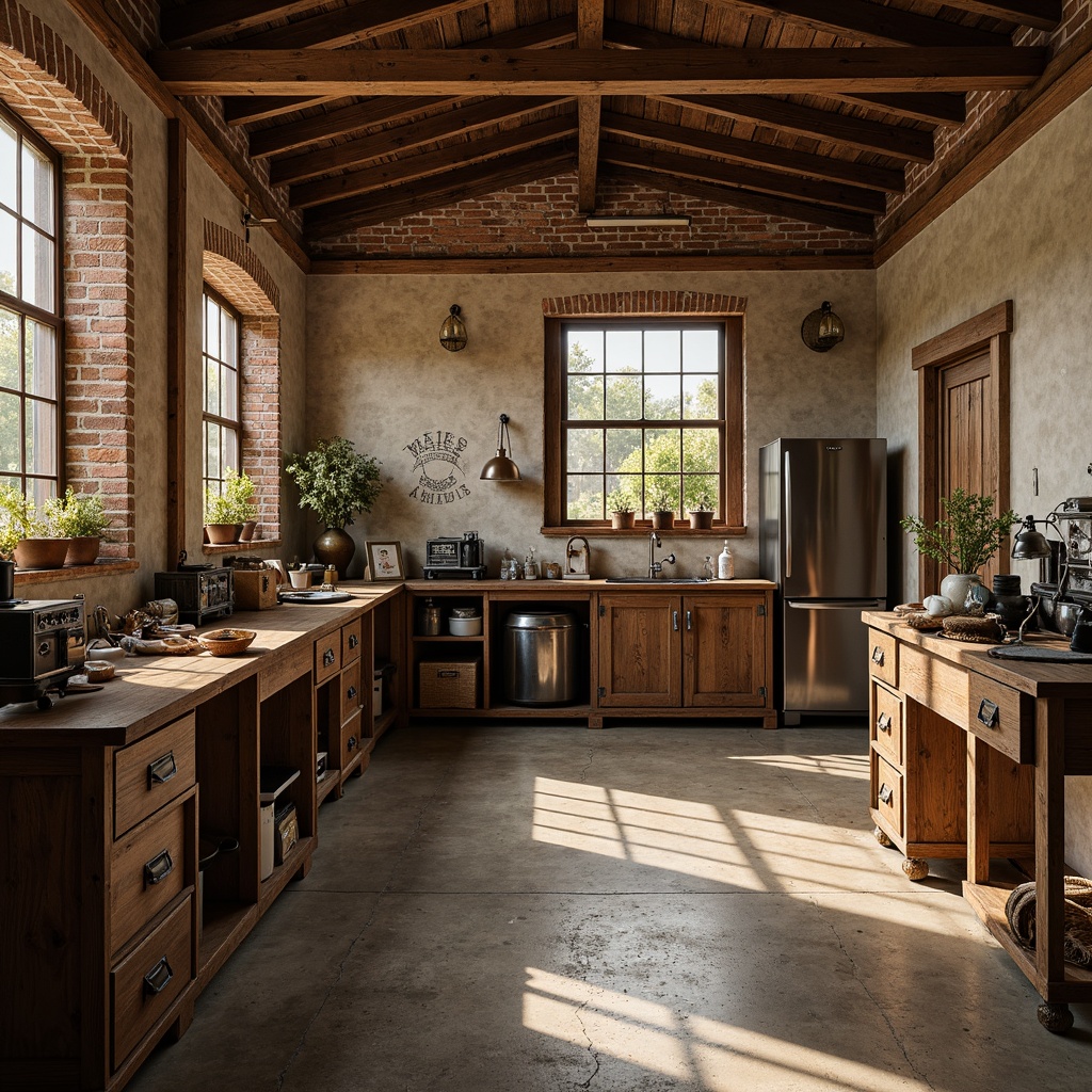 Prompt: Rustic workshop, distressed wood accents, earthy tones, warm beige walls, rich brown furniture, metal tools, industrial lighting, exposed brick, concrete floors, wooden crates, vintage machinery, natural textures, soft warm lighting, shallow depth of field, 1/1 composition, realistic materials, ambient occlusion.