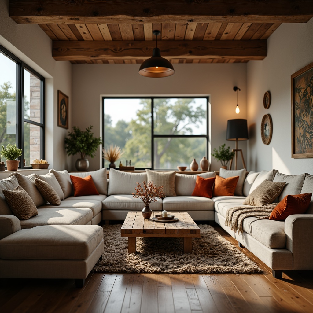 Prompt: Cozy living room, plush sectional sofas, reclaimed wood coffee tables, velvet throw pillows, modern minimalist decor, industrial chic accents, rustic metal lighting fixtures, natural fiber rugs, earthy color palette, warm ambient lighting, shallow depth of field, 3/4 composition, panoramic view, realistic textures, soft focus background.