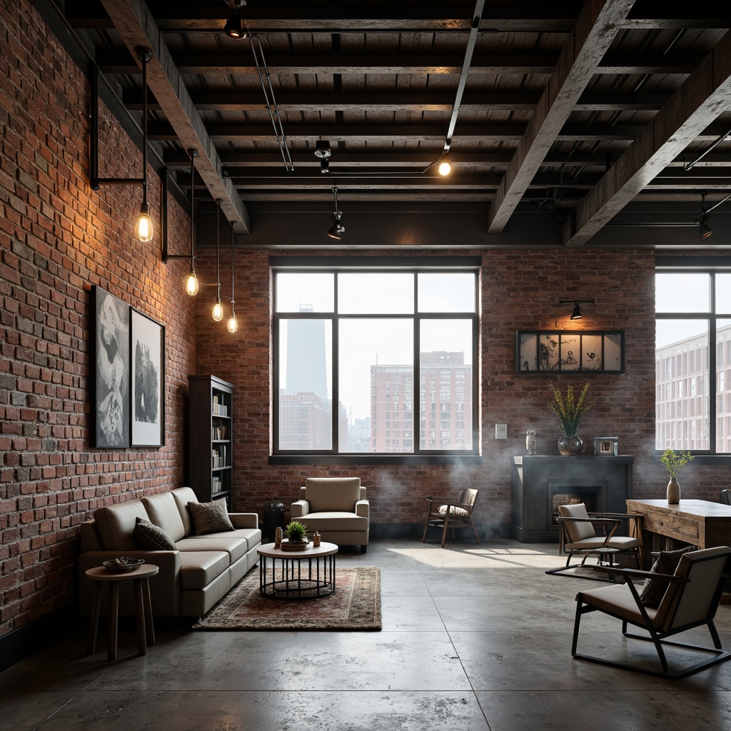 Prompt: Exposed brick walls, metal beams, reclaimed wood accents, industrial-chic lighting fixtures, concrete floors, urban cityscape views, functional mechanical systems, distressed textures, neutral color palette, modern minimalist decor, sleek steel furniture, Edison bulb pendants, vintage manufacturing equipment, functional pulleys, exposed ductwork, raw unfinished aesthetic, atmospheric misting, high-contrast dramatic lighting, 1/1 composition, moody cinematic tone.