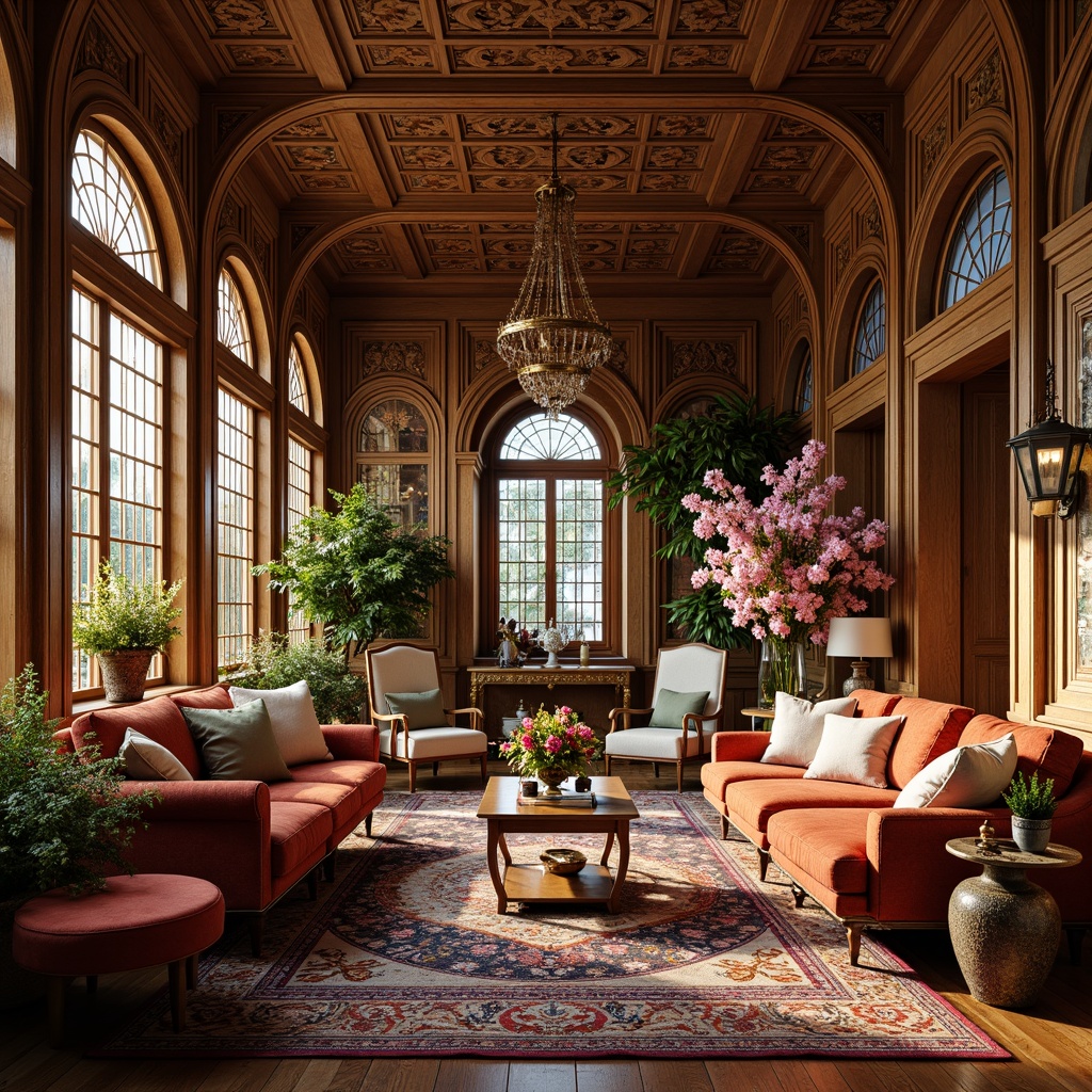 Prompt: \Opulent living room, intricately carved wooden furniture, sinuous lines, flowing curves, organic forms, stained glass windows, vibrant colorful textiles, velvety soft upholstery, gilded accents, ornate metalwork, nature-inspired motifs, blooming flowers, lush greenery, warm golden lighting, shallow depth of field, 1/1 composition, realistic textures, ambient occlusion.\