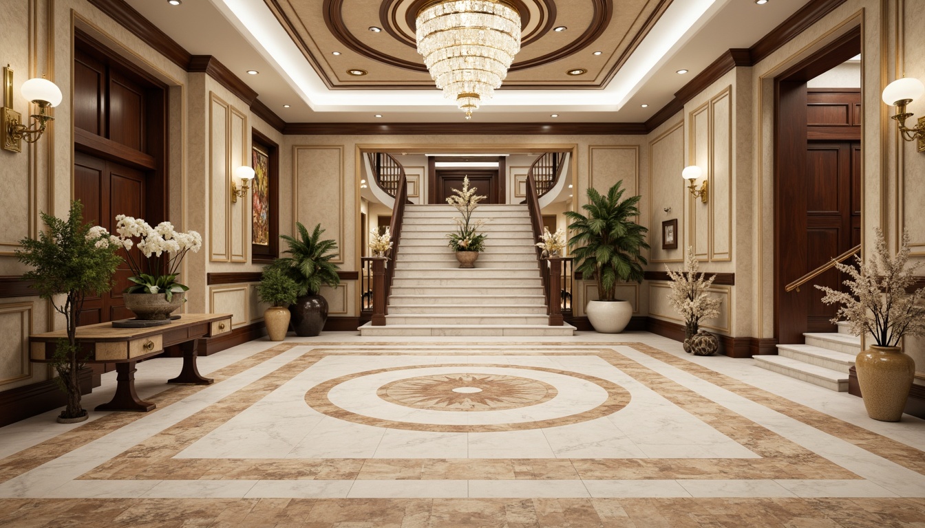 Prompt: Polished marble floors, intricate inlays, ornate patterns, grandiose entrance halls, sweeping staircases, lavish chandeliers, ornamental moldings, rich wood tones, herringbone parquetry, high-gloss finishes, classic Greek motifs, stately columns, sophisticated neutrals, creamy whites, warm beiges, elegant creams, refined textures, subtle sheens, ambient lighting, soft shadows, 1/1 composition, detailed renderings, realistic reflections.